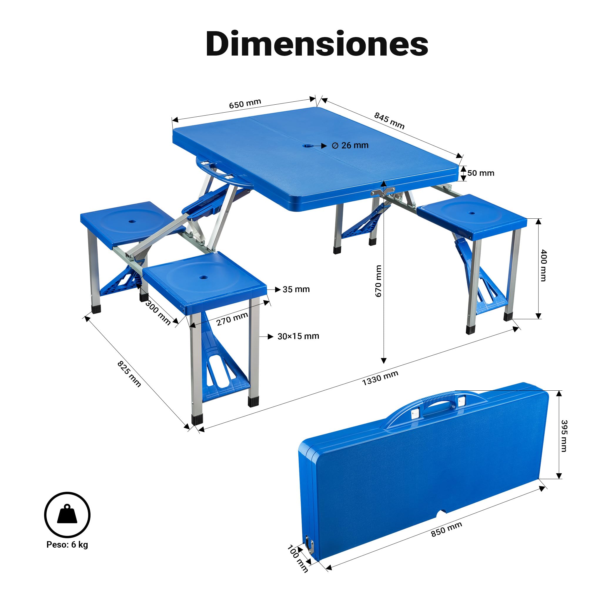 WilTec Set de Camping Plegable Mesa y 4 Asientos en una Pieza Outdoor Picnic Acampada Vacaciones Excursión