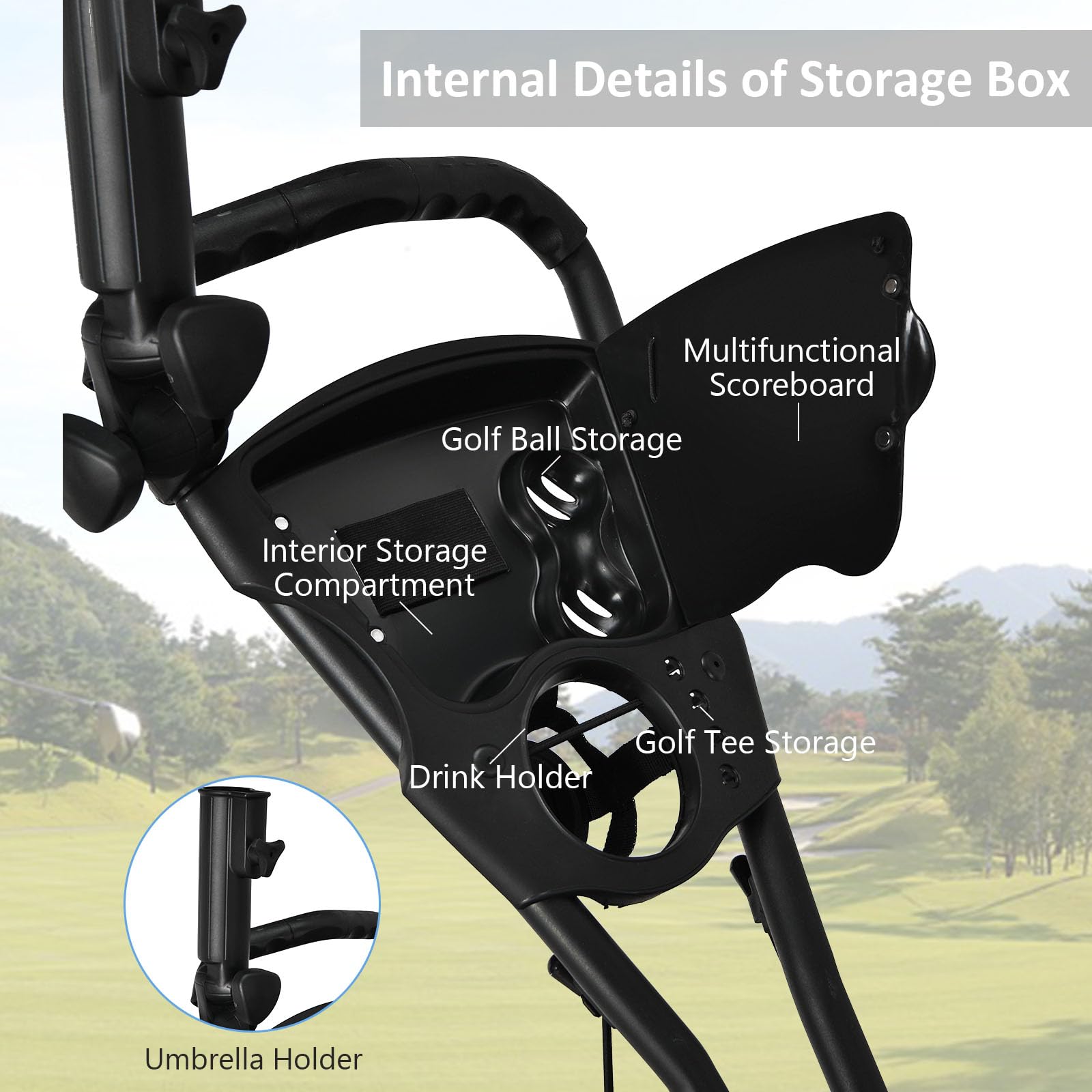 LIFEZEAL Faltbar Golftrolley, 3 Rad Golf Push Cart mit Fußbremse, Golfwagen mit 3 höhenverstellbare Positionen, Golfcaddy klappbar mit Schirmhalter, Flaschenhalter & Tasche