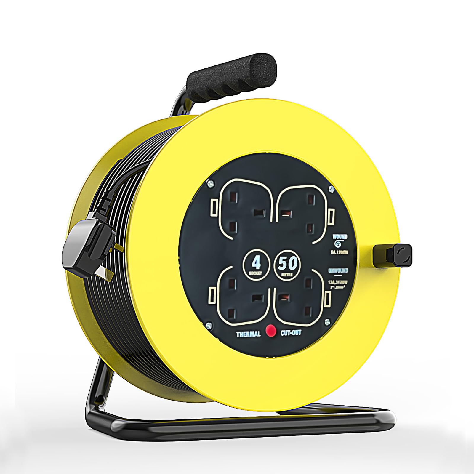 Outdoor Extension Lead,50m Yellow Extension Lead,13A Electrical Extension Reel4 Sockets Cable Reel for Indoor and Outdoor