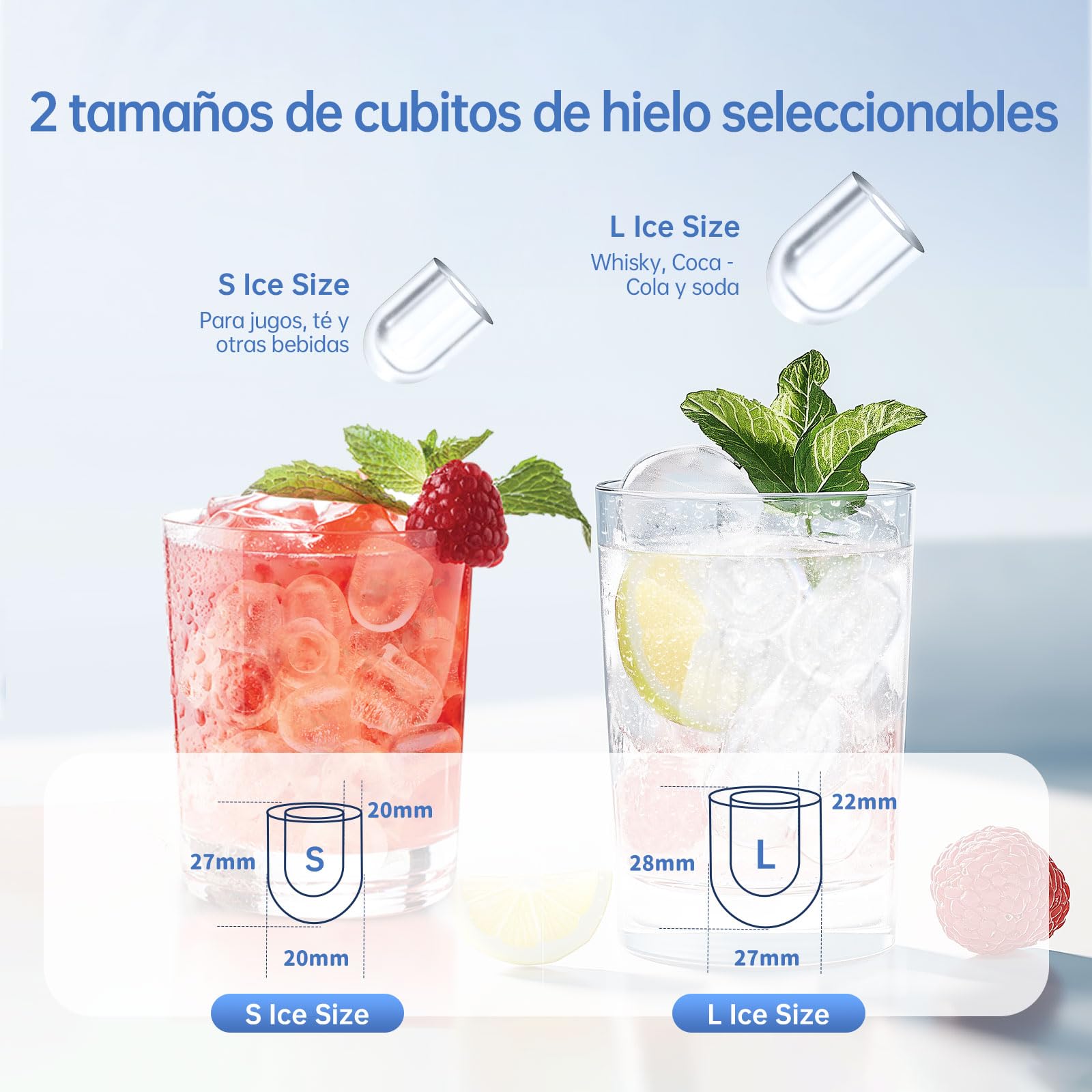 WIE Máquina de Hielo, 1.5L Autolimpiable Máquina para Hacer Hielo, 2 Tamaños de Hielo, 9 Cubitos Listos en 6 Minutos, con Asa, pala y Cesta para Hielo, Ideal para Cocina/Oficina/Bar, Acero Inoxidable
