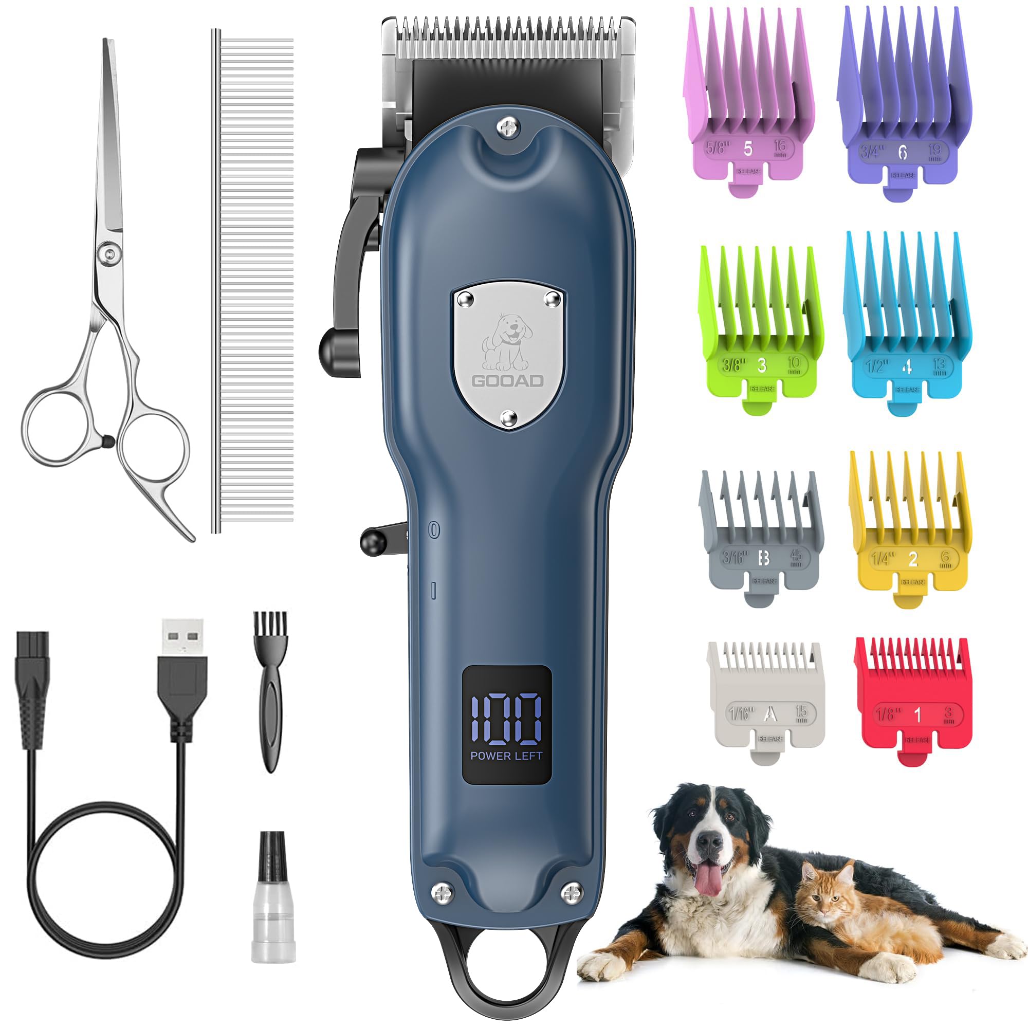 Gooad Dog Hair Clippers for Grooming Cordless Pet Clippers for Dogs Thick Hair with Metal Blades Electric Rechargeable Dog Trimmer for Grooming Low Noise Pet Grooming Kit,Blue