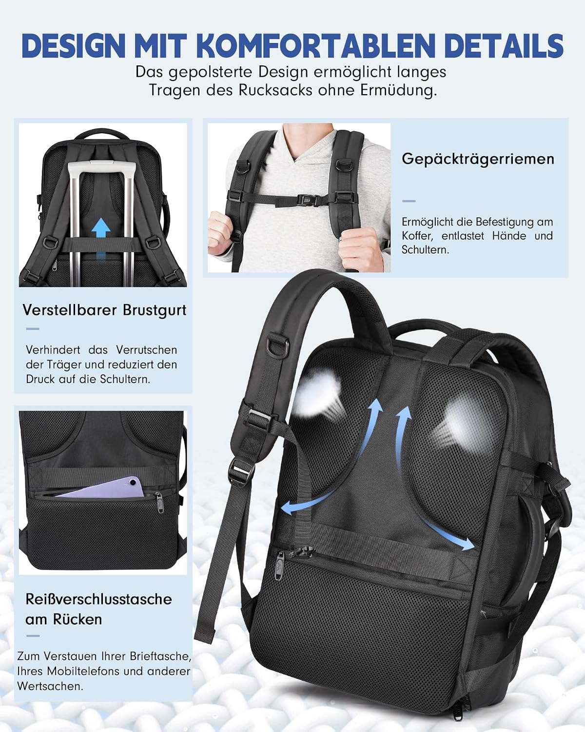 MATEIN Plecak próżniowy do bagażu podręcznego EasyJet 45 x 36 x 20 | wodoszczelny, do samolotu, dla kobiet, na laptopa o przekątnej ekranu 17,3", plecak szkolny pracy, podróży, czarny