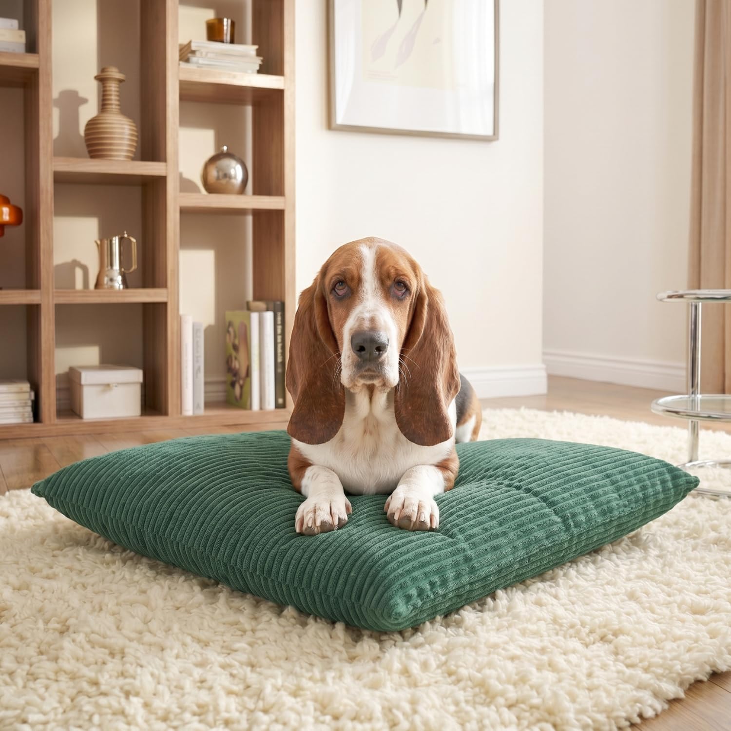 4L Textil ZOE Cojín para Perros Mullido de Pana, con Funda y Cremallera, Cómodo y Lavable (100x80 cm, Verde(Rayas)) | 100 x 80 cm | verde | funda extraíble | con cremallera | lavable a máquina