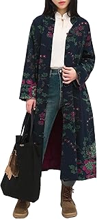Women's Floral Print Long Trench Coat Casual Cotton Linen Jacket with Pockets Boho retro Outerwear Plus Size - Buy now