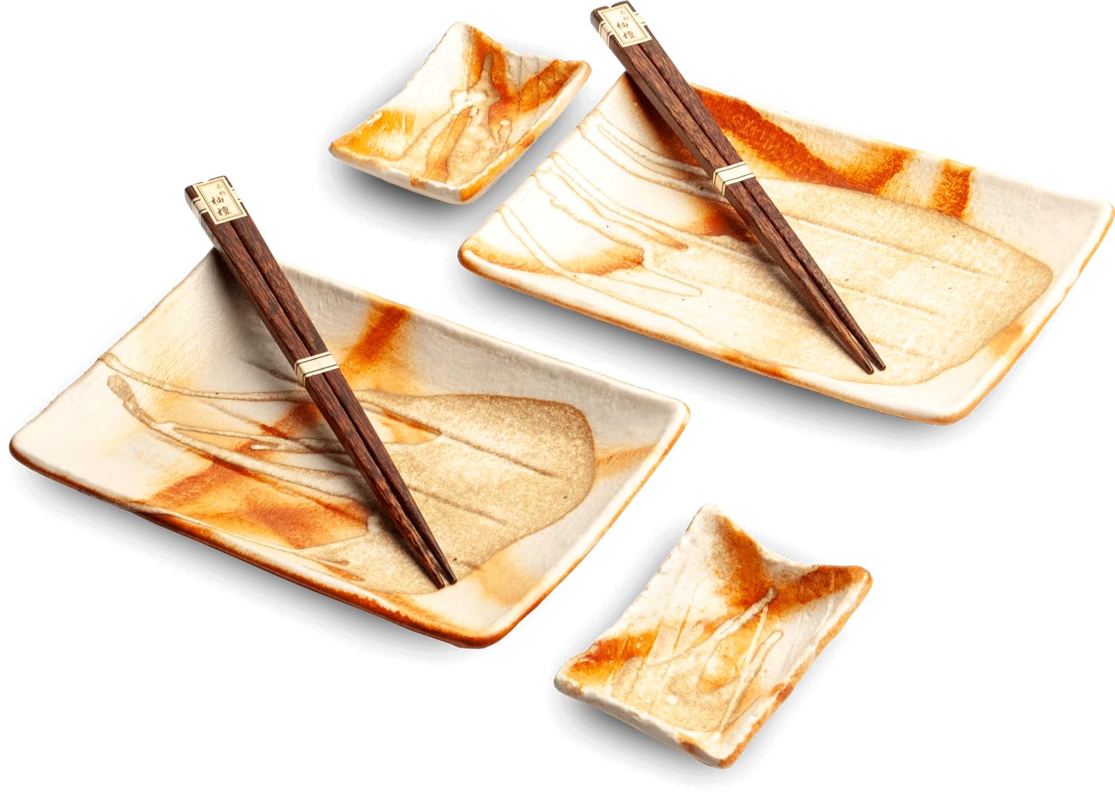 Juego de vajilla para sushi, 6 piezas, juego de sushi para 2 personas, platos de sushi, cuencos y palillos en diferentes diseños asiáticos, fabricado en Japón (bronce)