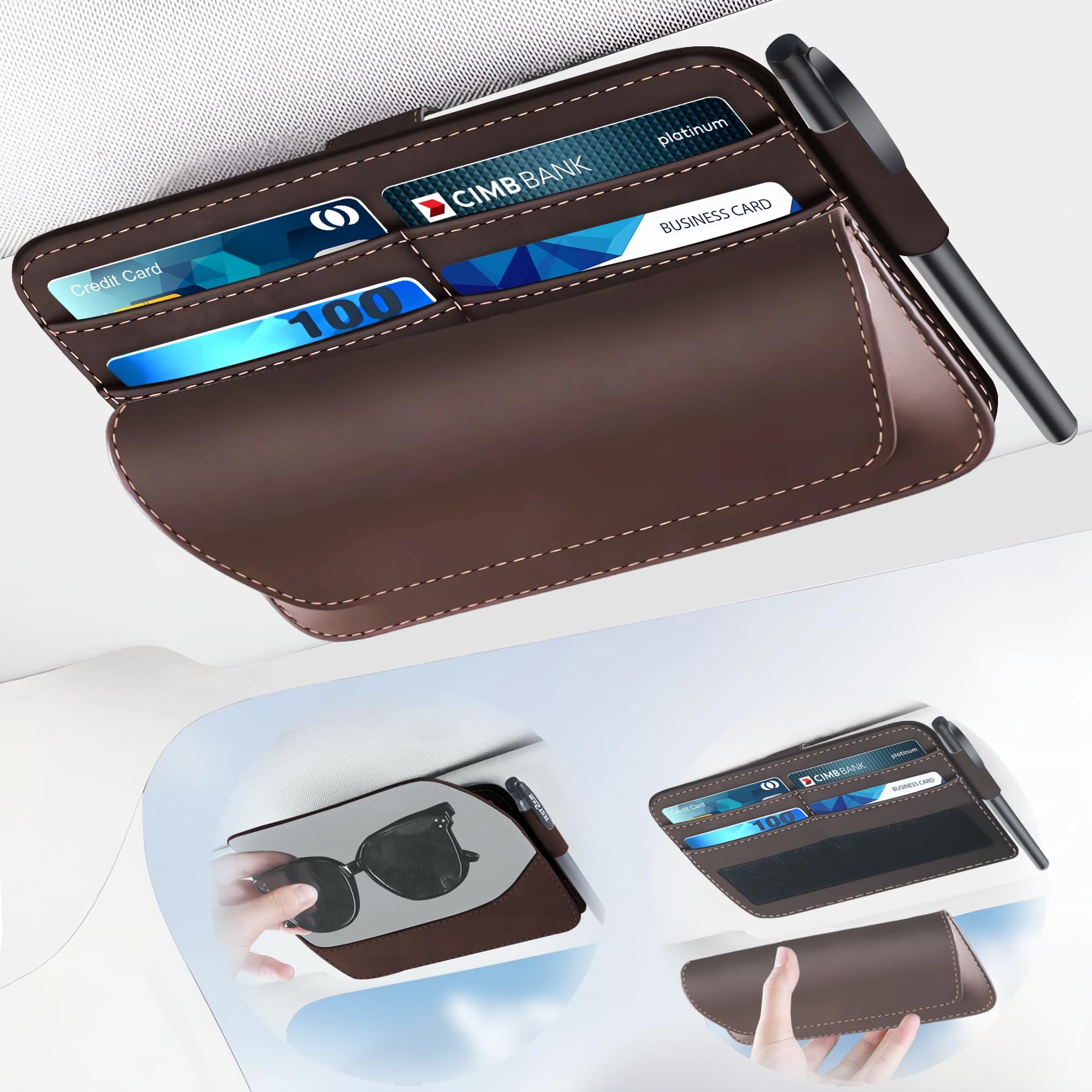 ViMOQiLeather Sunglasses Holder for Car Sun Visor,Car Sunglasses Holder Clip for Cards License,Pen Glasses Document,Car Sun Visor Storage Organizer,Car Glasses Holder with Magnetic Closure
