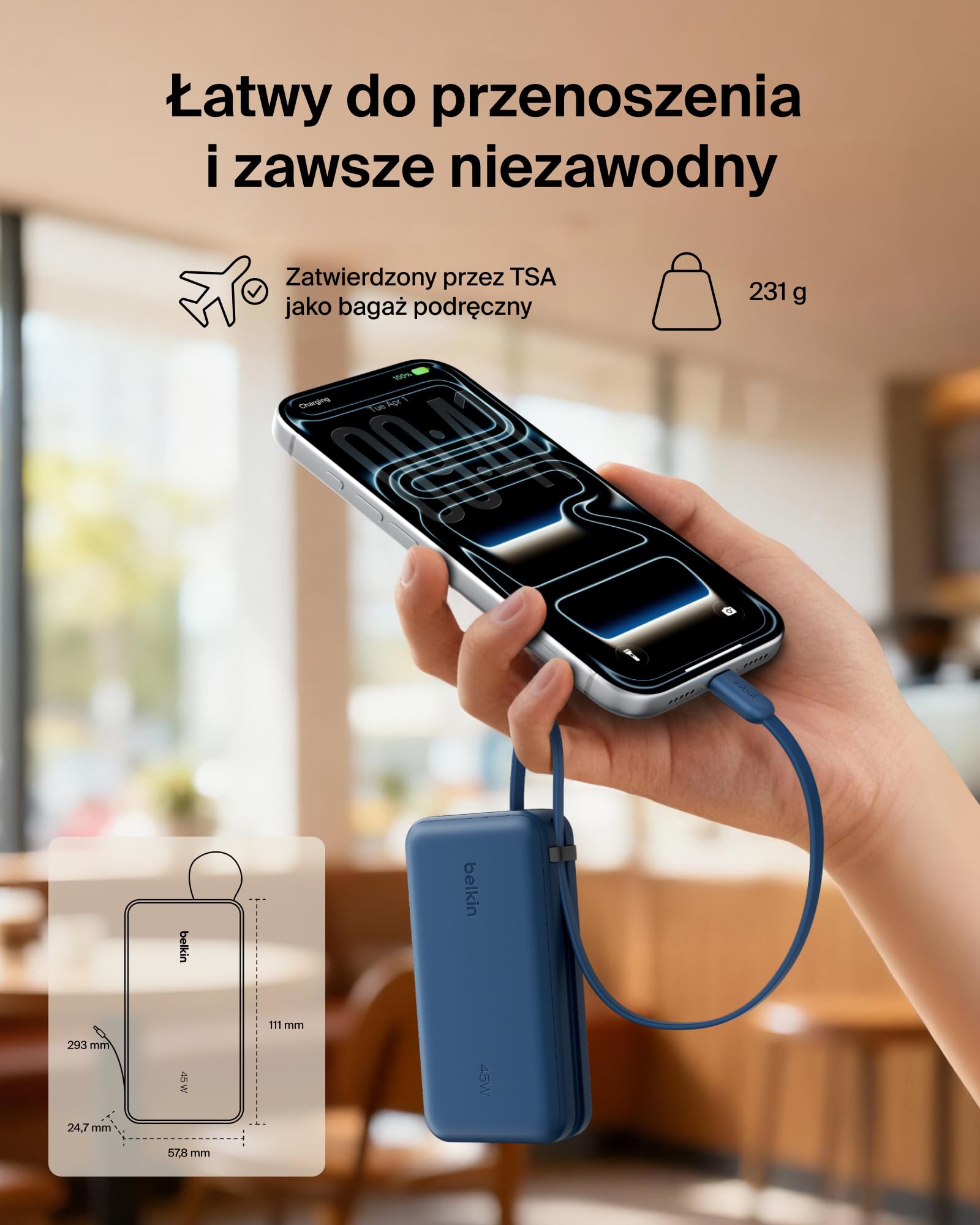 Belkin UltraCharge Powerbank 10 000 mAh, Kabel, Wyświetlacz – Niebieski | Powerbank 10 000 mAh, Ładowanie 3 Urządzeń (1 Port USB-C, 1 Port USB-A, Kabel USB-C), 45 W, Wstępnie Naładowany, Wyświetlacz
