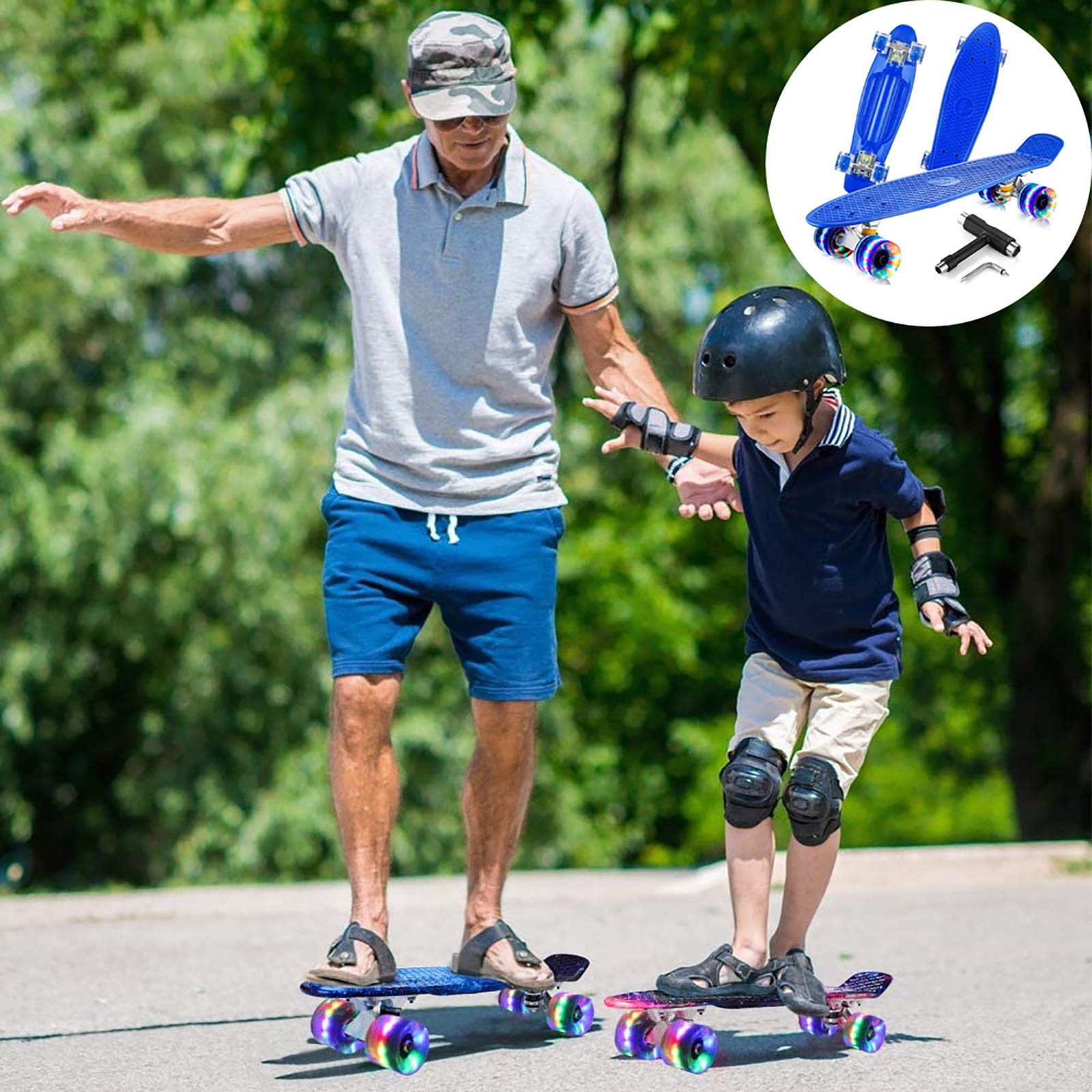 Skateboard Complet Mini Cruiser Planche À Roulettes En Plastique 22 Pouces Pour Enfants Garçons Filles Débutants Adolescents Adultes, LED Light Up Wheels with Bearings & All-In-One Skate T-Tool (Blue)