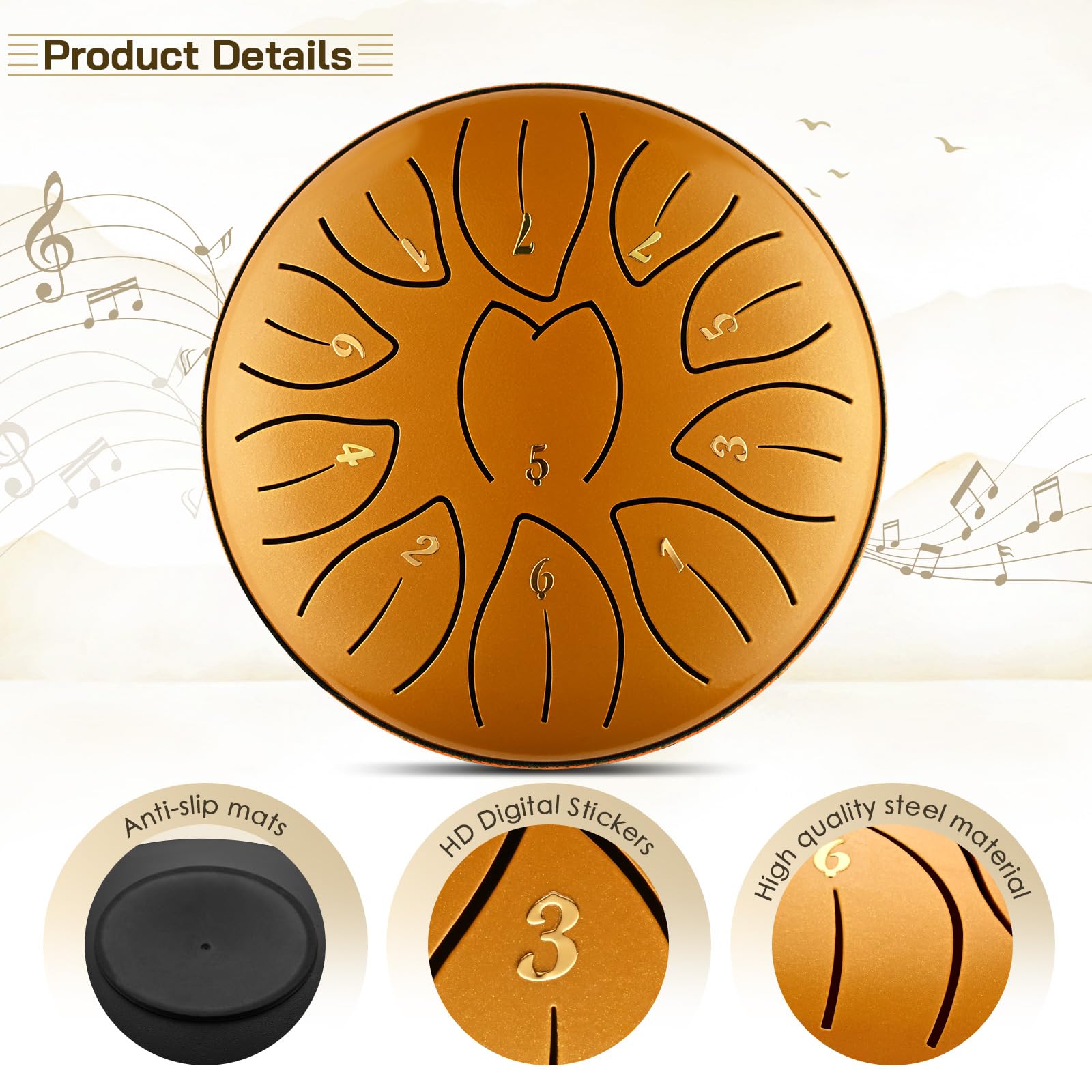 Tamburo in Acciaio Couleeur 6 Pollici 11 Note Handpan Tongue Drum Portatile Tamburo del Handpan in Acciaio al Carbonio con Bacchette, Plettri Dita Steel Tongue Drum Per Campeggio, Yoga, Meditazione