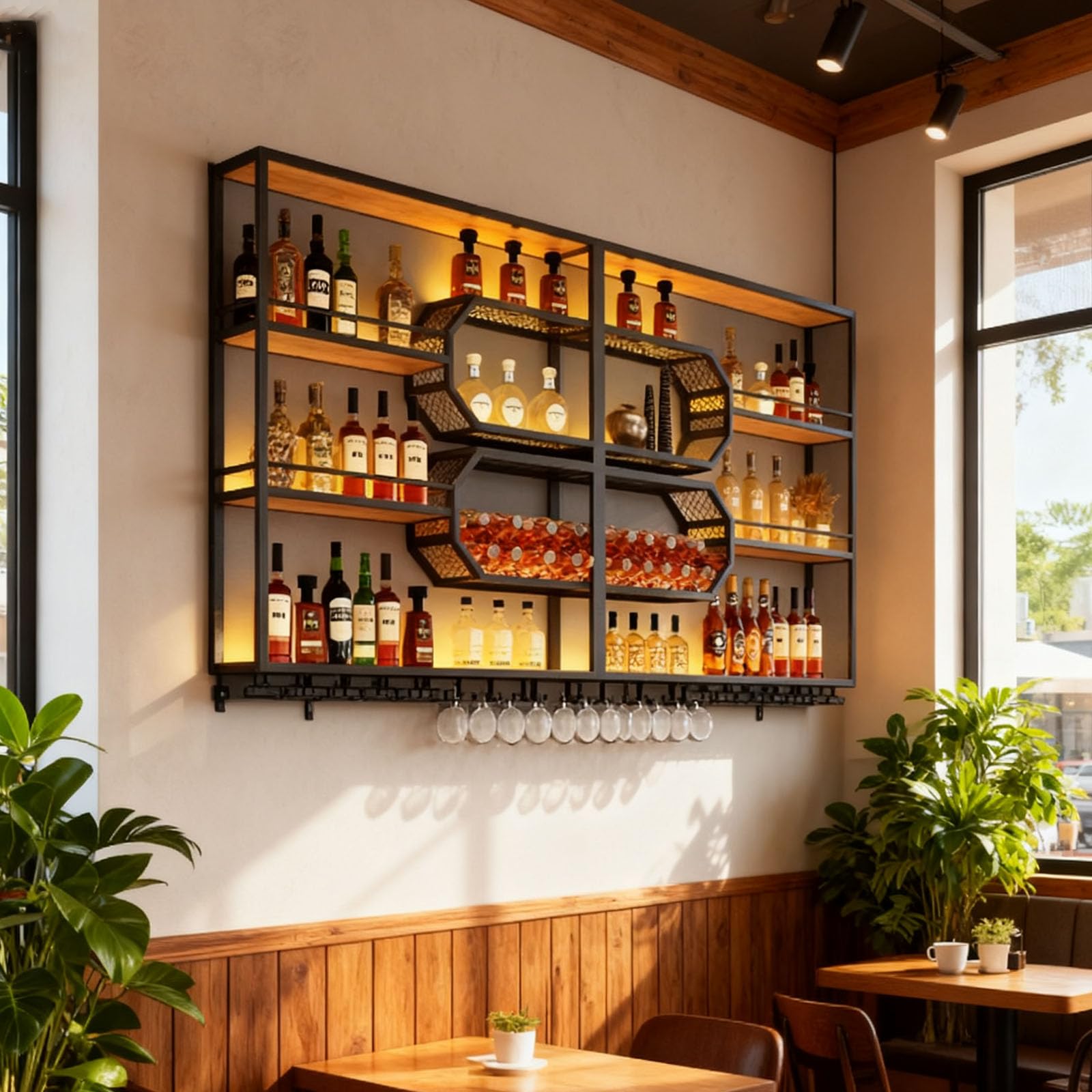 Modernes Wand-Weinregal, 3 Schicht Hängend Bar Regale Aufbewahrung mit Glashalter, Metall Wand montiert Wein Display Rack für Bars Restaurants und Küche (Schwarz, 300cm)