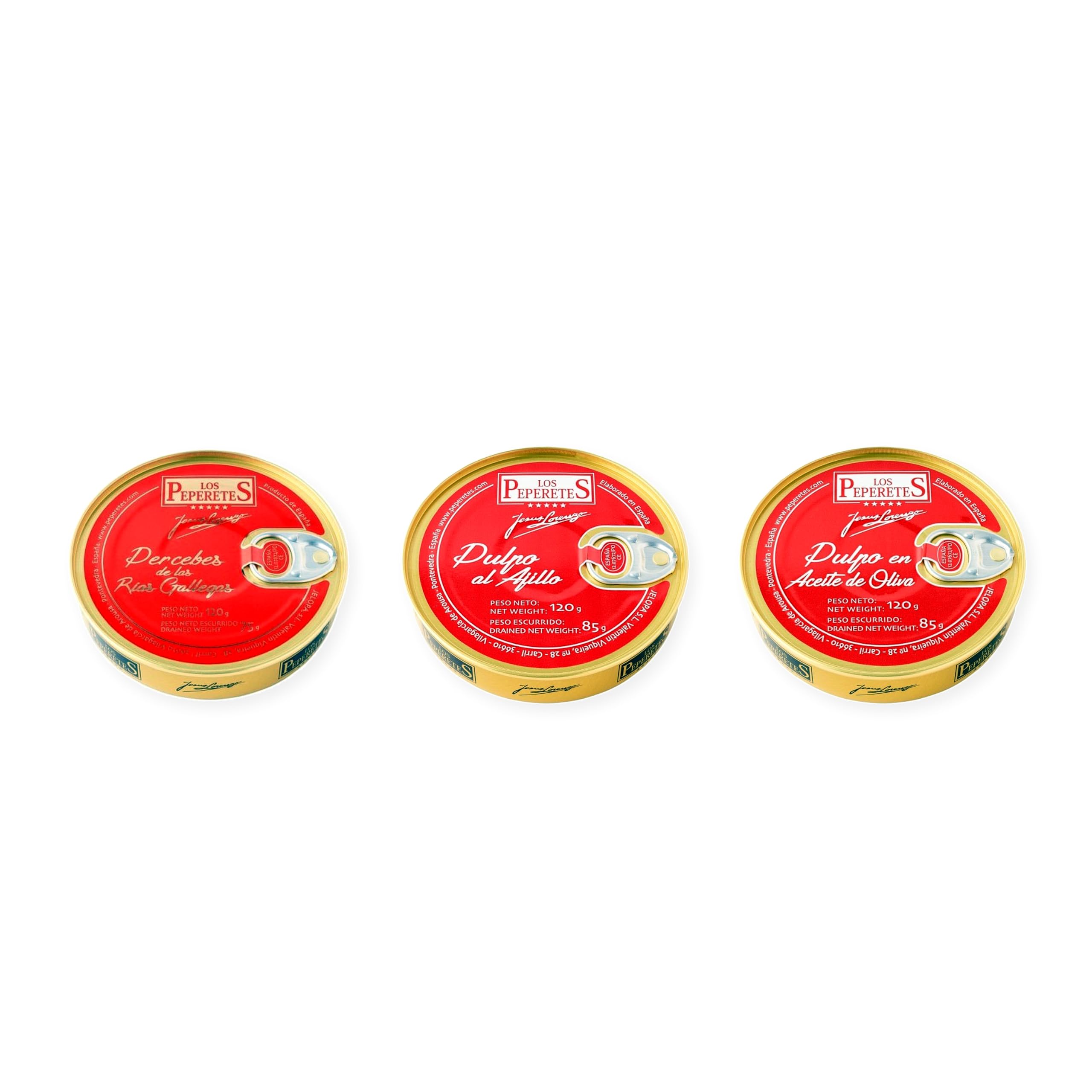 los peperetes conservas Percebes Rías Gallegas, Pulpo Ajillo y Pulpo Aceite Oliva pack 3 latas