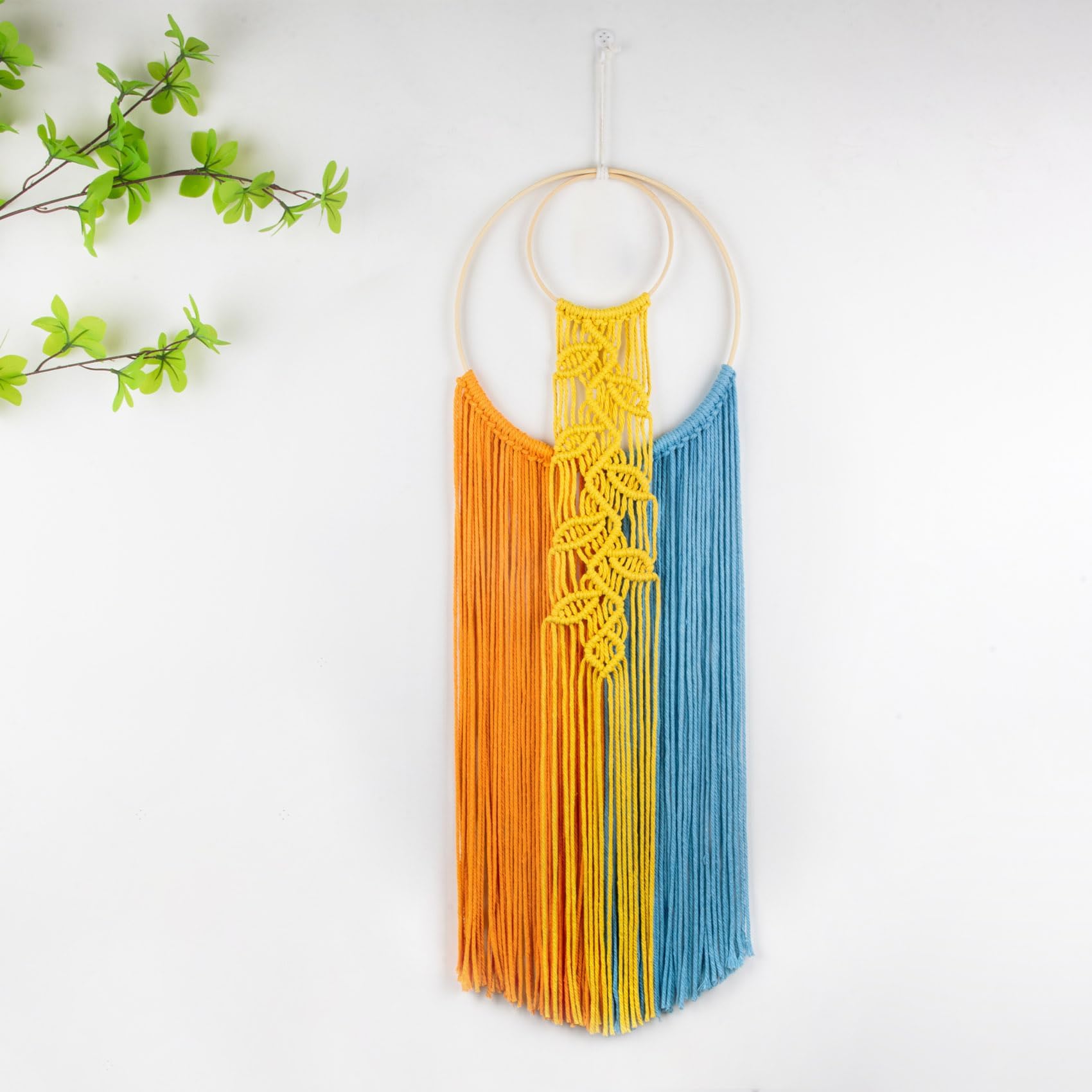 EOBTAIN Colorful Macrame Wall Hanging Dream Catchers with Yellow Leaf Handmade Woven Blue and Orange Tassel Boho Tapestry Macrame Wall Decor for Bedroom Living Room Home Apartment Dorm,30" L x 10" W