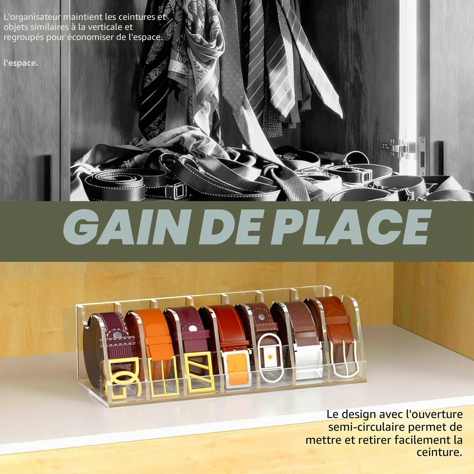 Boîte à ceinture en acrylique avec 7 compartiments et design de tiroir, idéale pour organiser et ranger les cravates et les ceintures dans les tiroirs de garde-robe.