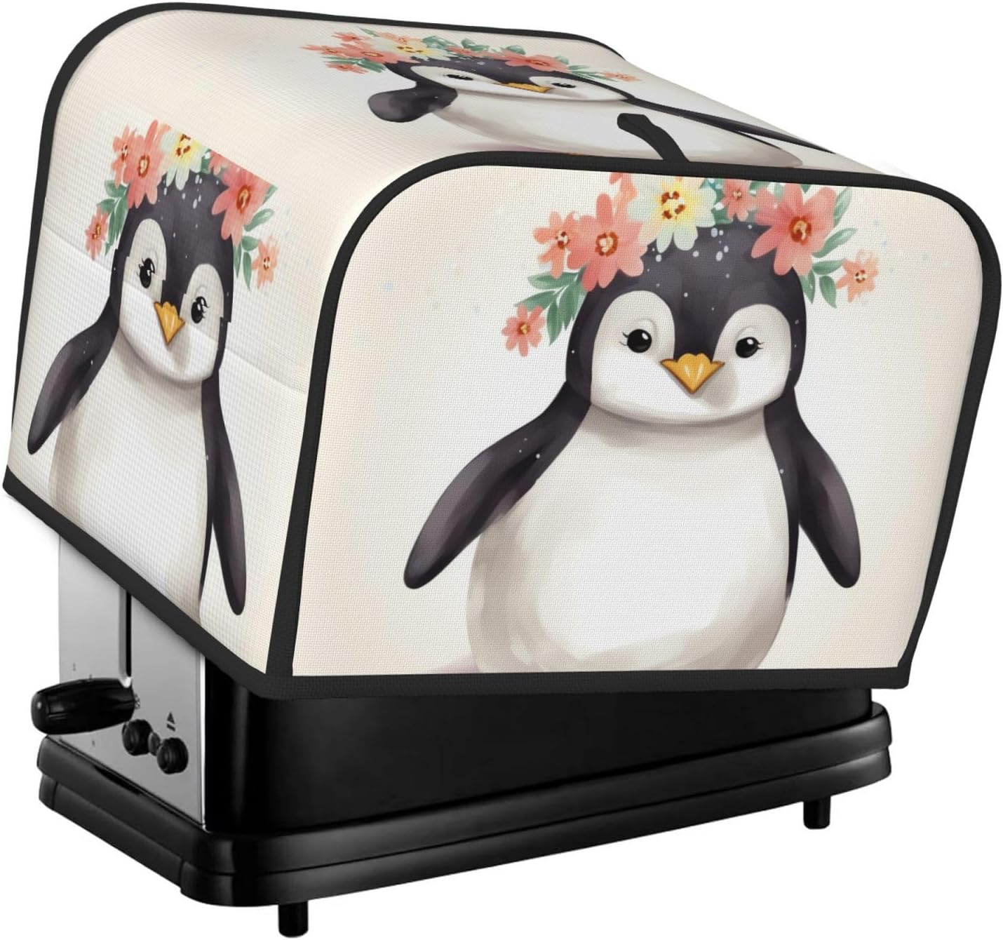 Penguin Wearing Flowers Toaster Cover 4 slice Kitchen Small Appliance Covers with Pockets Toaster Dust Cover with Top Handle Oven Cover Washable Universal Bread Maker Cover for Kitchen