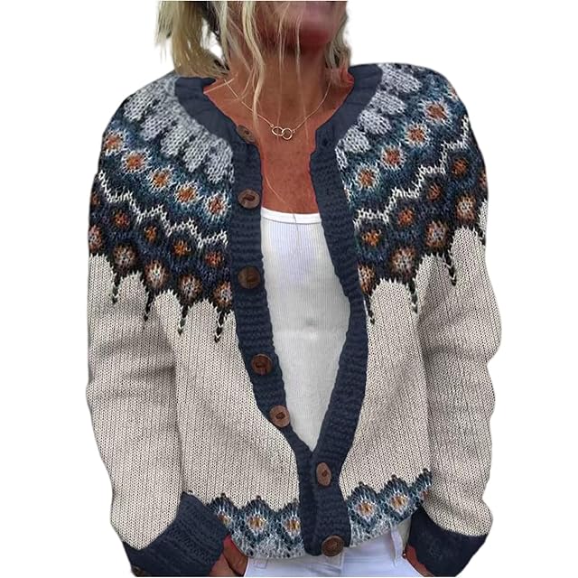 Long Sleeve Fair Isle Cardigan for Women Crew Neck Loose Fit Button Up Chunky Sweater Open Front Fall