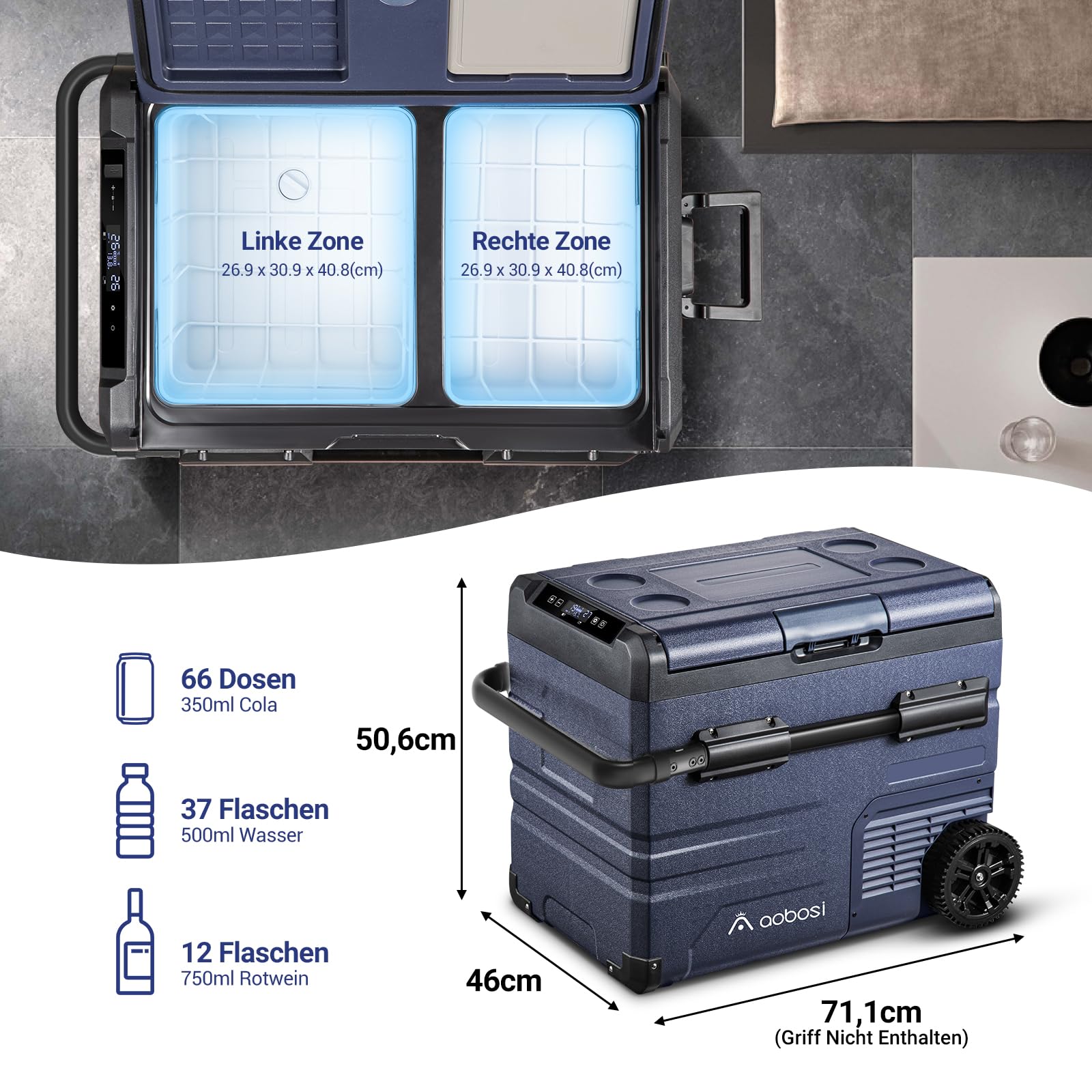 AAOBOSI Frigo Portatile, Frigo Per Auto Doppia Zona, Frigorifero da Viaggio con WiFi, -20 ℃ a 20℃, 12/24V DC e 100/240V AC,Per Auto, Camion, Camper, Barca e Presa Di Corrente