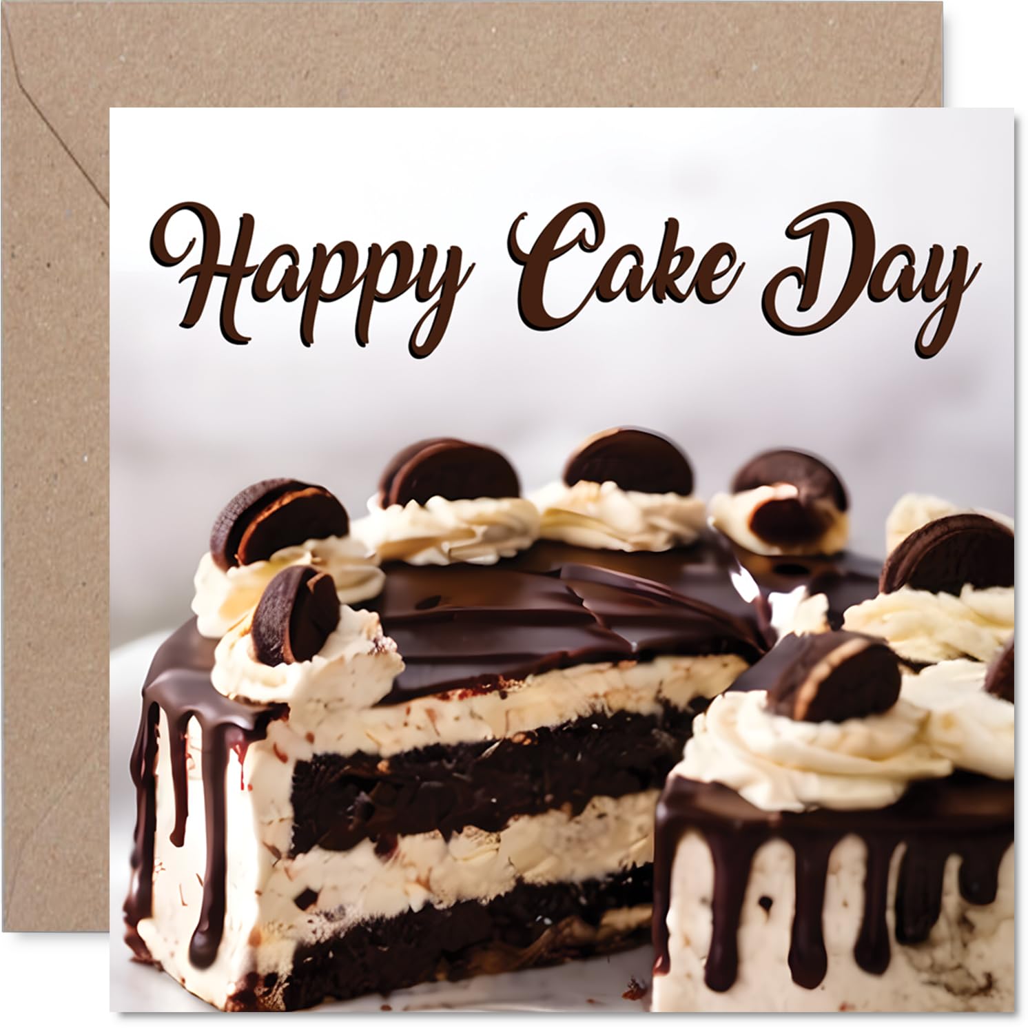 Playful Birthday Card - Raise a Smile with Delicious Cake Vibes - Chocolate Dessert Topped with Cream and Cookies - 145mm Square, Envelope Included