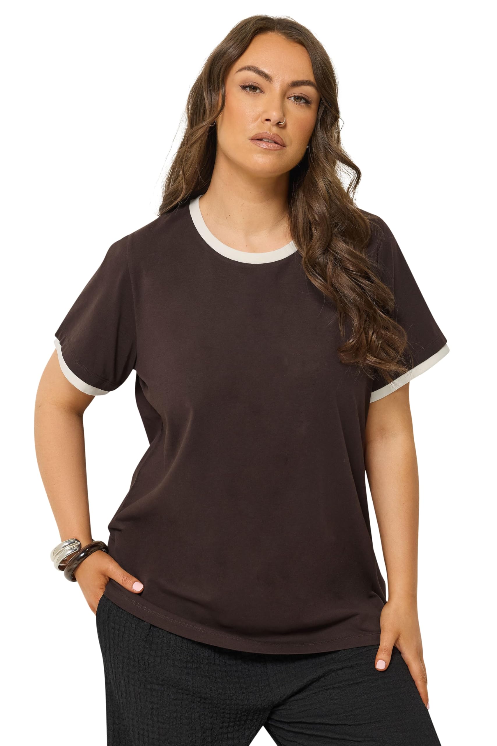 Yours Women's Chocolate Curve Brown Contrast Trim T-Shirt - Plus Size Curve