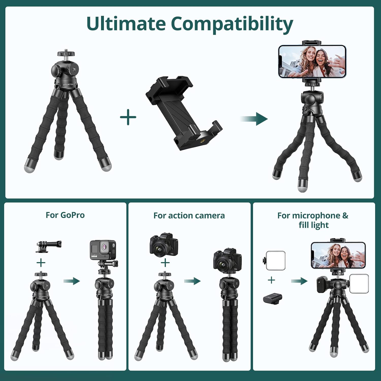 ATUMTEK 2 Height Adjustment Phone Tripod w Cold Shoe Mount & 1/4” Screw Extension, Flexible Tripod Stand with Remote and Clip for Smartphones GoPro Action Camera Micphone Fill Light - 9.4 inches