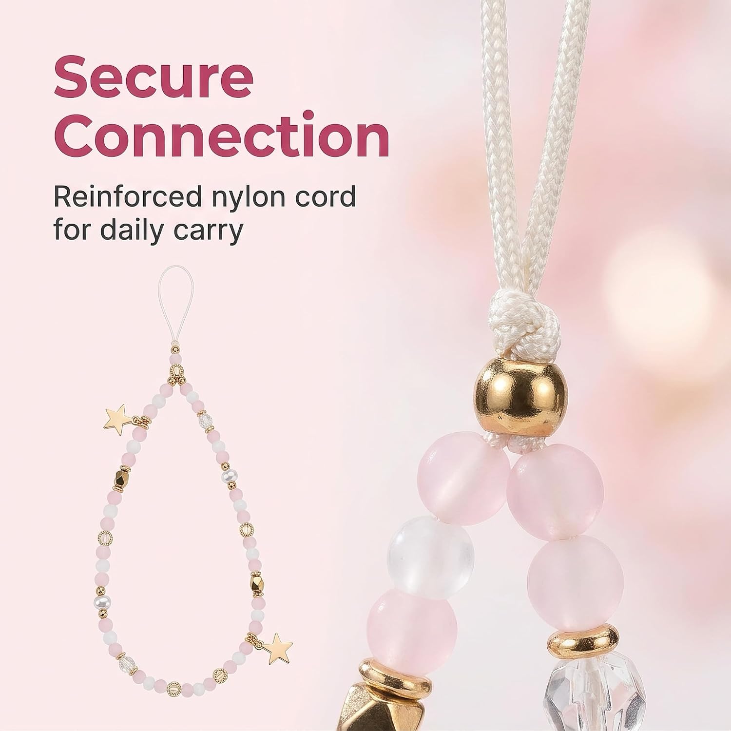 Pink Five-Pointed Star Pendant Beaded Phones Chain,Cute Phone Charms Beaded Phones Strap Romantic Mobile Phone Strap Detachable Lanyard，Décor，Cell Phone Charms image 4
