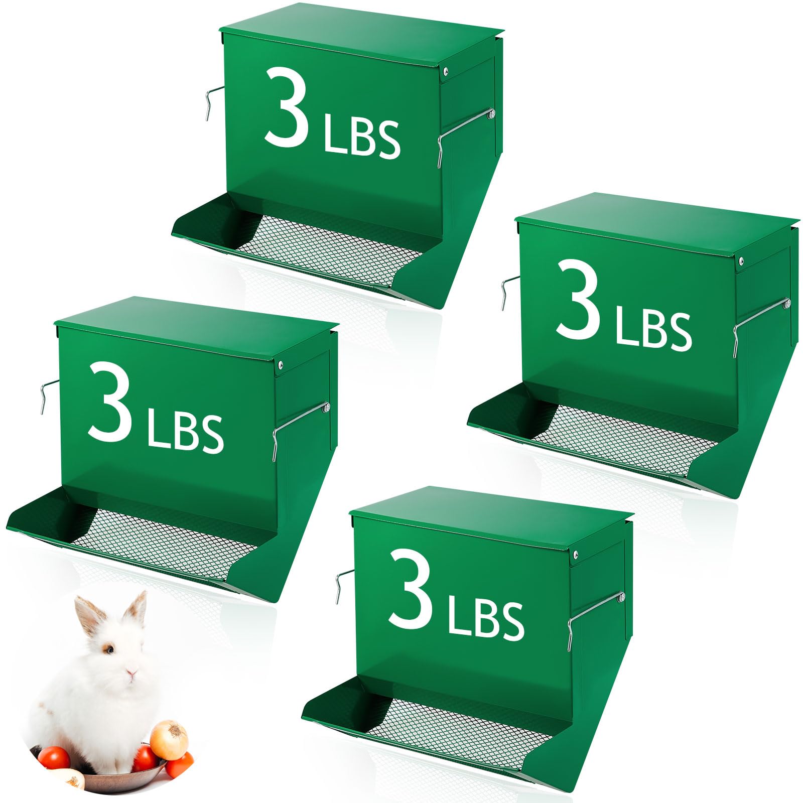 Maxcheck 4 Pcs Rabbit Feeder for Cages Small Animal Food Dispenser with Lid Metal Rabbit Feeders Outside for Guinea Pig(7.7 Inches,Green)