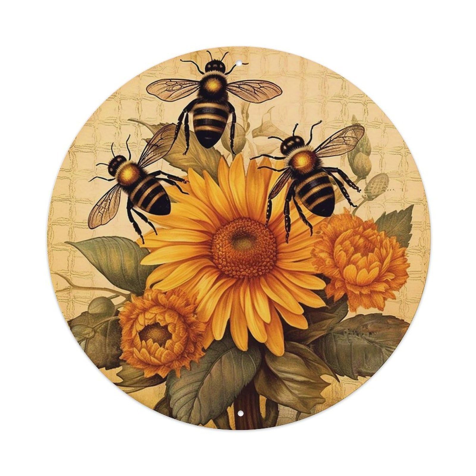 Bees Sunflowers Leaves Pattern Background Round Tin Sign Vintage Metal Sign Home Bar Garden Indoor & Outdoor Wall Decor Retro Metal Poster 8x8 Inch