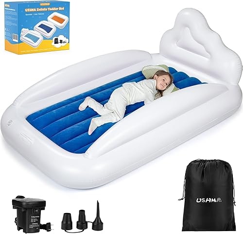 Cama inflable de viaje para niños pequeños, colchón de aire para niños con cabecero, colchón de aire reversible de 2 colores para niños, cama