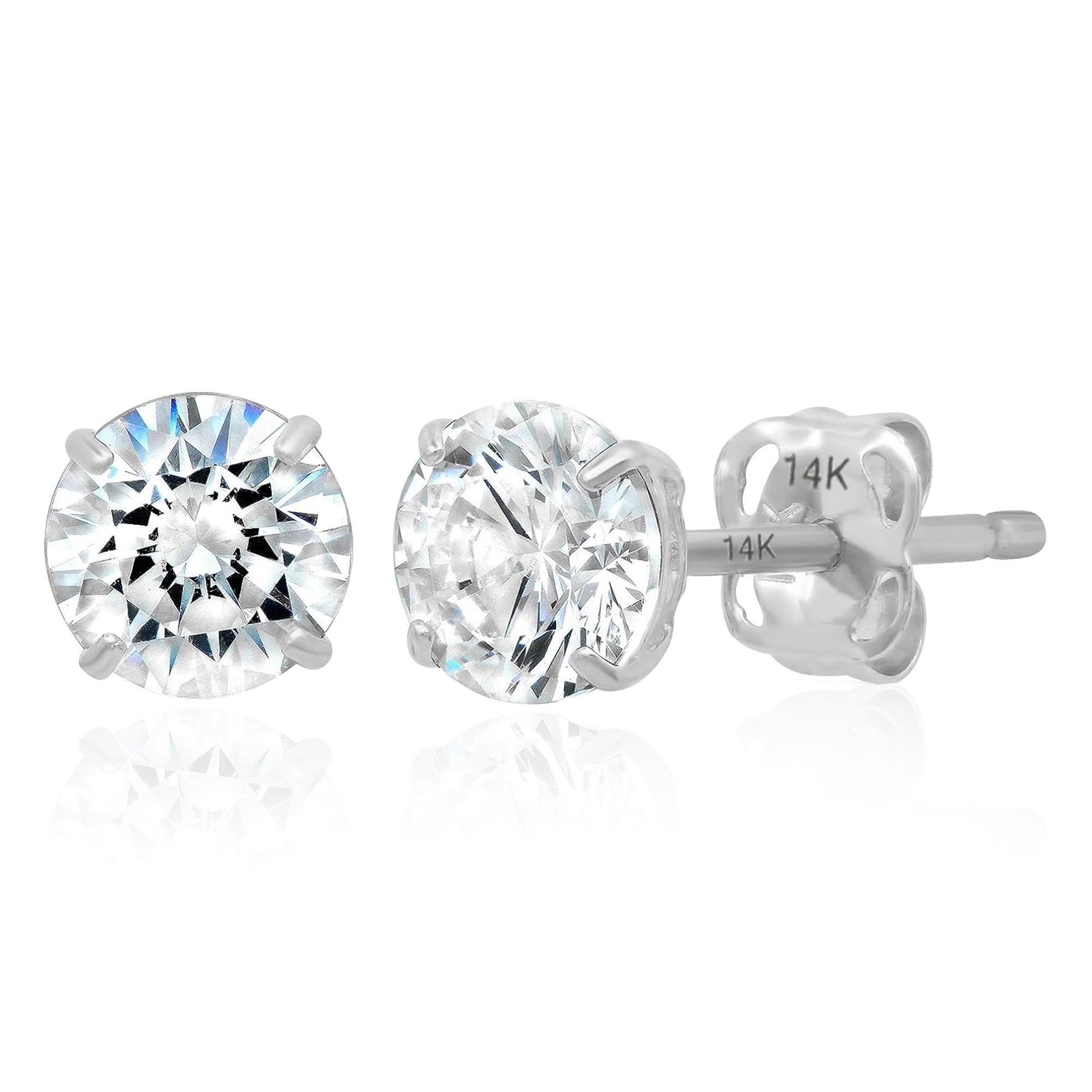 14k Gold Solitaire Round Cubic Zirconia Earrings Studs for Women & Men | Anti Tarnishing CZ Stud Earrings with 14k Gold Butterfly Pushbacks | 4MM-7.5MM by MAX + STONE