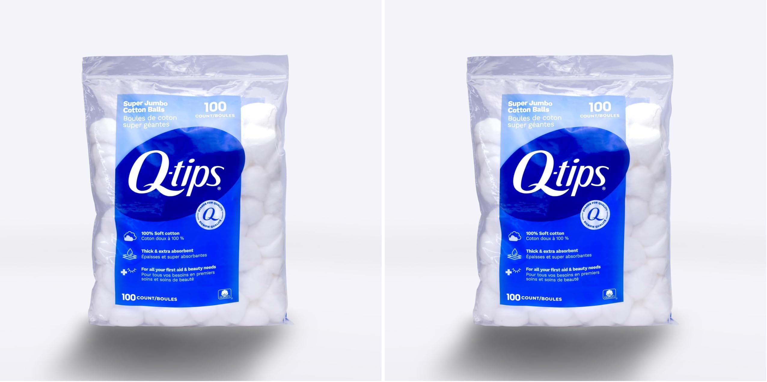 Q-Tips Super Jumbo Cotton Balls for Beauty, First Aid and Baby Care, 100% Thick Cotton, 100 Count (Pack of 2)