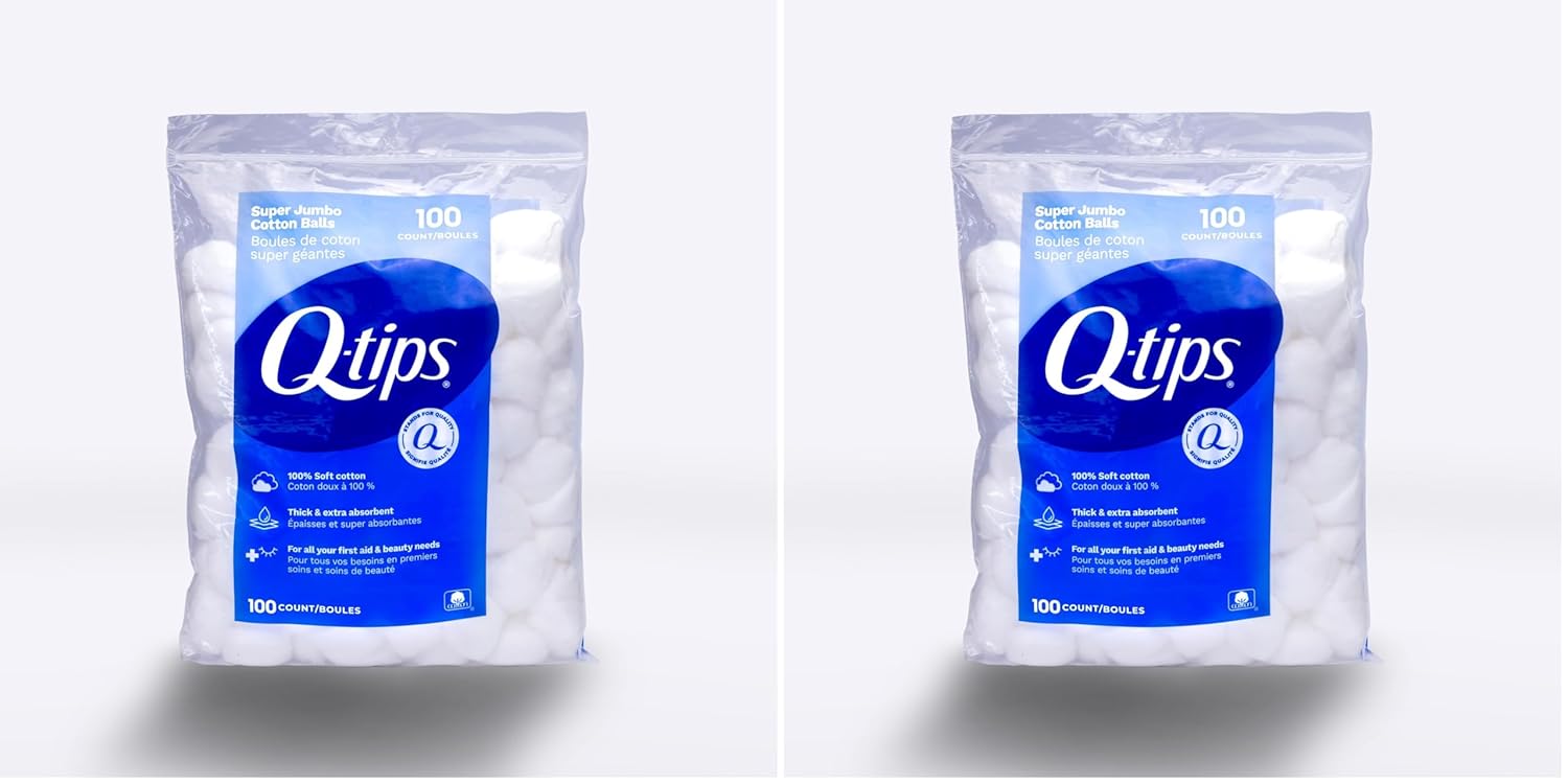 Q-Tips Super Jumbo Cotton Balls, 100% Thick Cotton for Beauty, First Aid & Baby Care - 100 Ct Pack of 2