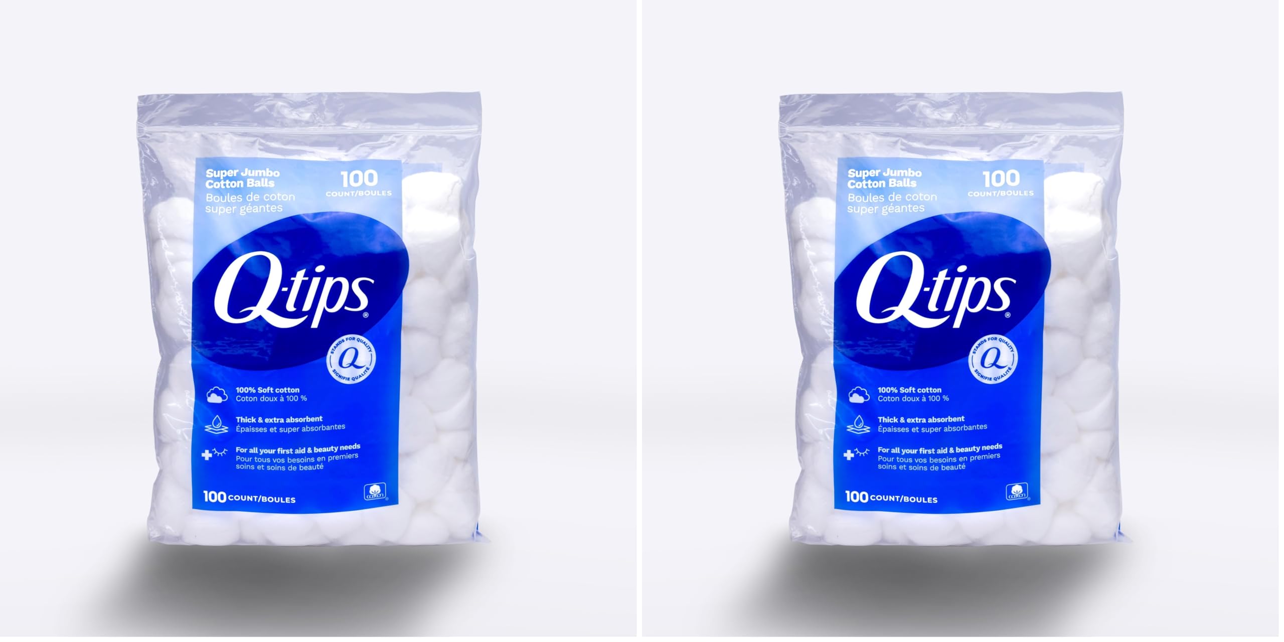 Q-tips Super Jumbo Cotton Balls for Beauty, First Aid and Baby Care, 100% Thick Cotton, 100 Count (Pack of 2)