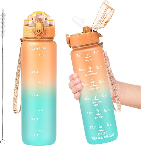 Botella de agua de 17 oz con popote con marcador de tiempo con correa motivacional Tritan sin BPA se abre con un clic para niños niñas y adultos