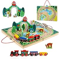 Joqutoys 18-Piece Wooden Train Set for Toddlers 3+ - Portable Tabletop Tracks with 4 Magnetic Trains, Bridge & Accessories