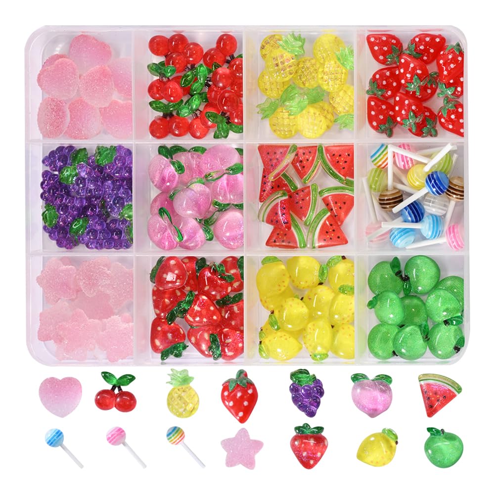 120 Pcs Assorted Fruit Nail Charms Resin Strawberry Cherry Nail Charms Star Heart Fingernail Charms Watermelon Flatback Resin Charms Lollipop Craft Charms Colorful 3D Scrapbooking Embellishments