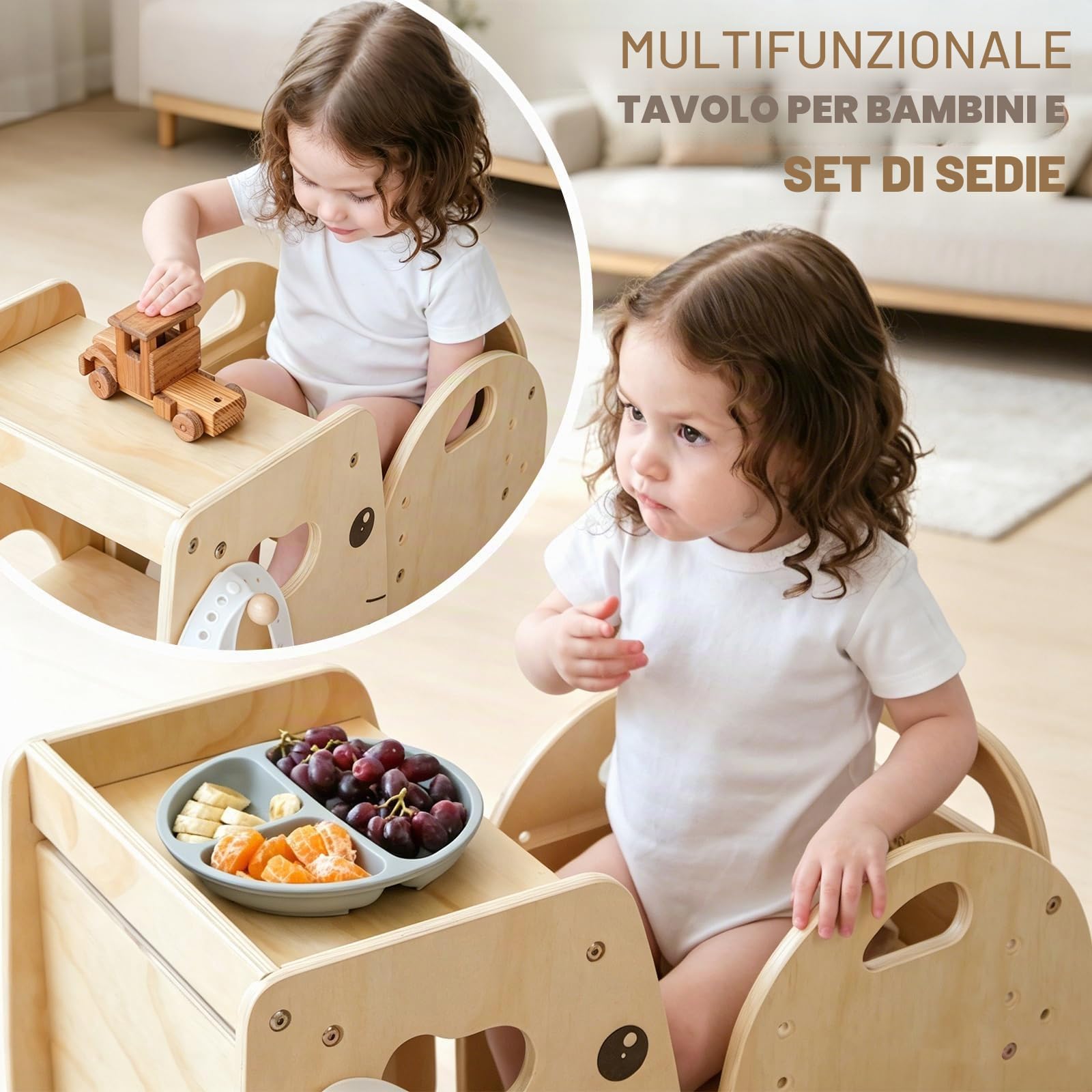 Lehoo Castle Set tavolo e sedia per lo svezzamento Montessori per bambini da 1 a 3 anni | Altezza regolabile, mobili in legno per attività del bambino, auto-alimentazione, disegno, apprendimento e gioco