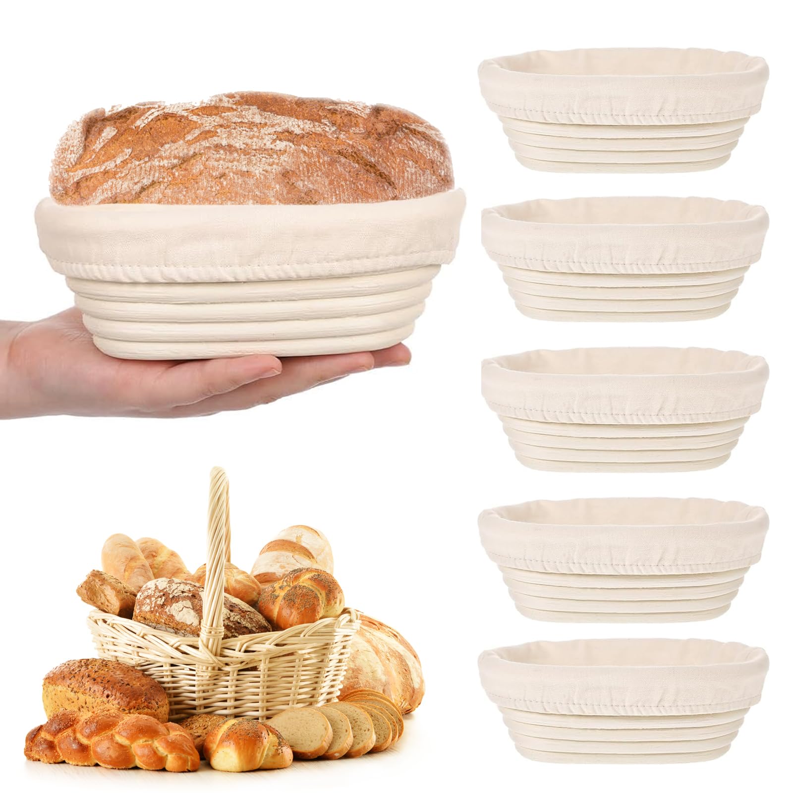 Banneton - Juego de 6 cestas ovaladas a prueba de pan de 6 pulgadas, cestas elevadoras de masa madre con forro, mini suministros para hornear pan de masa madre, cuencos pequeños a prueba de masa