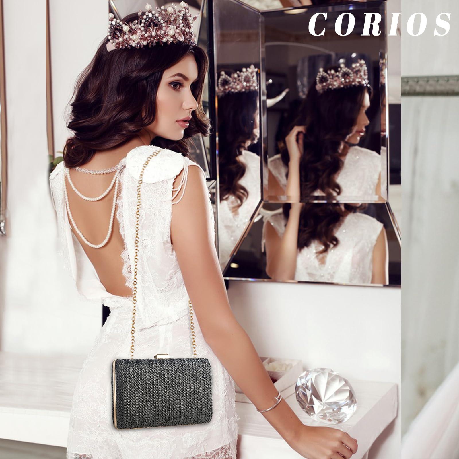 CORIOS Damen Strohtasche Abendtasch Frauen Gewebte Tasche Hochzeit Brautbörse Elegante Clutch Tasche Klein Tasche Formale Handtasche Schultertasche Luxuriös Umhängetasche für Bankett-Party Schwarz