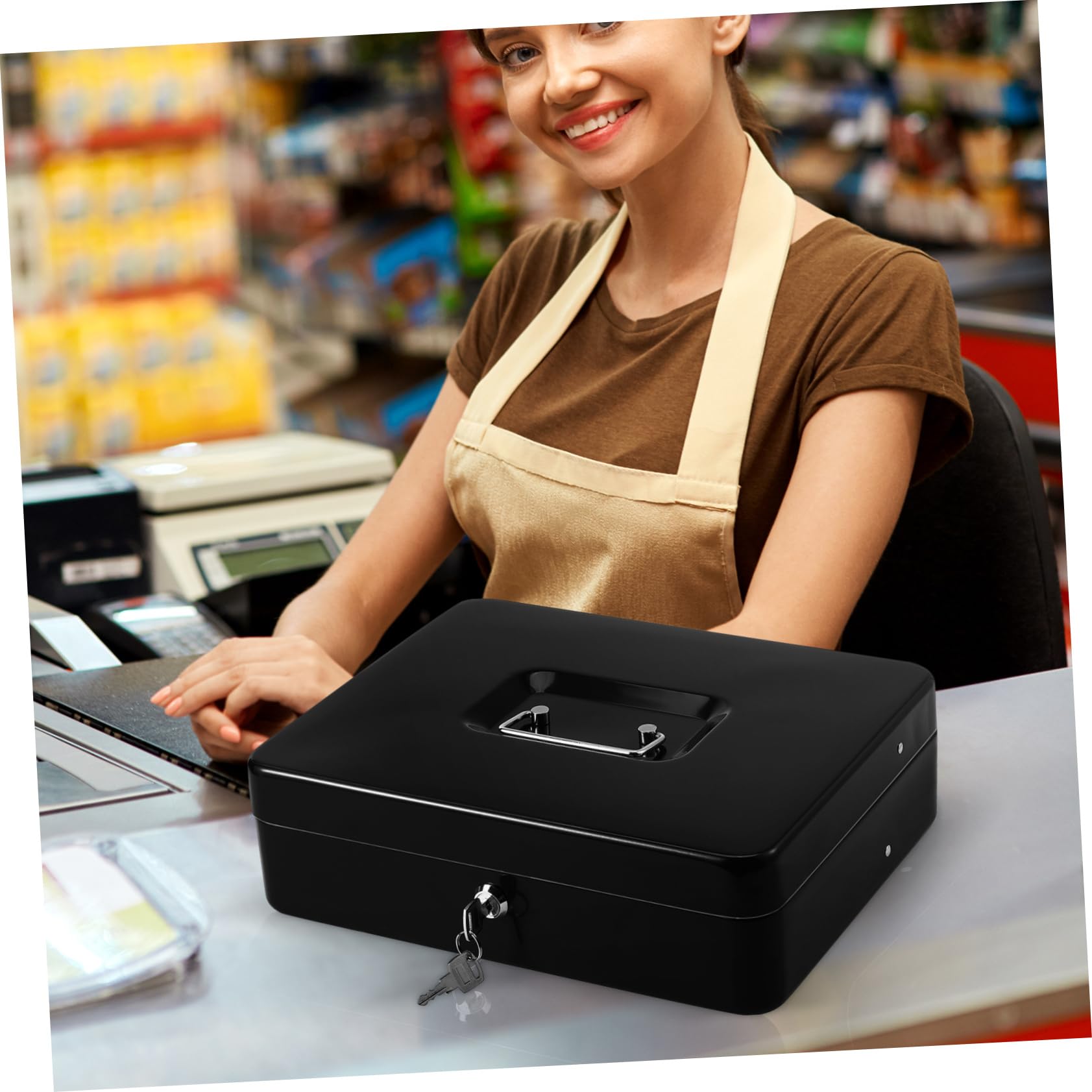 Caja Registradora con Llave y Bandeja para Monedas y Billetes, de Hierro Resistente, Portátil, con Gran Capacidad para Uso Doméstico y Comercial