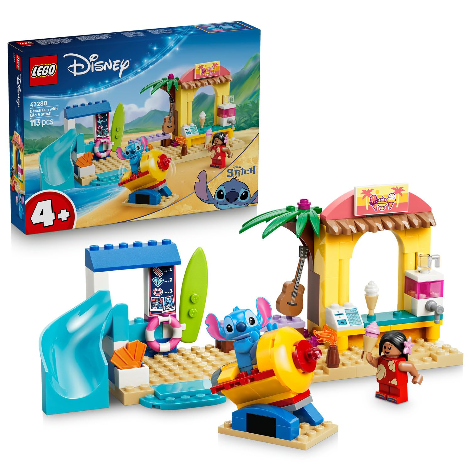 LEGO Disney Lilo ve Stiç ile Plaj Eğlencesi 43280 – 4 Yaş ve Üzeri Çocuklar için 2 Karakter ile Sörf Dükkanı, Sahne ve Daha Fazlasını İçeren Yaratıcı Oyuncak Yapım Seti, Hediye Fikri (113 Parça)