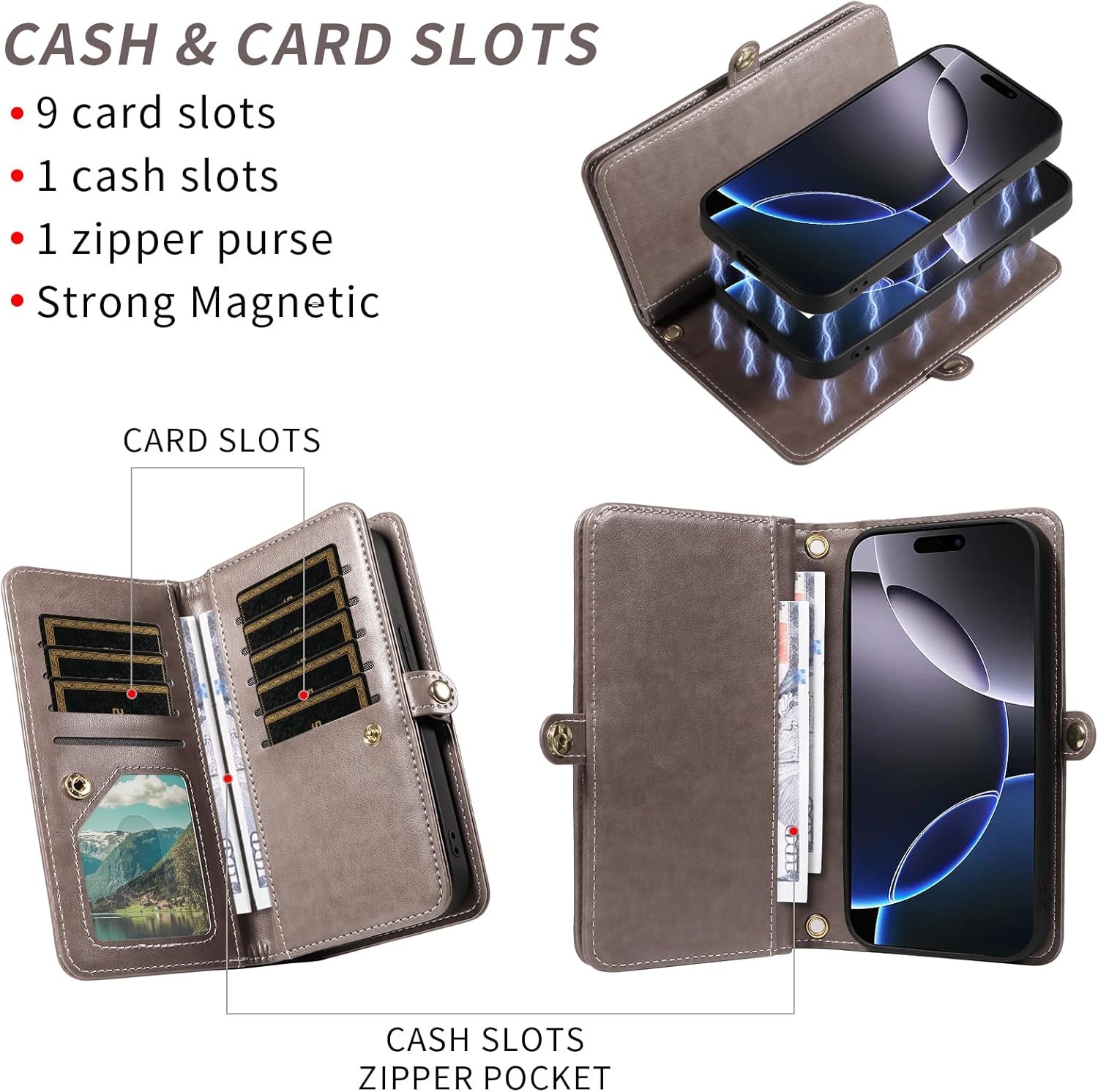 Asuwish Phone Case for iPhone 16 Pro Max 6.9 inch Zipper Wallet Detachable Cell Cover with Tempered Glass Screen Protector Strap Flower Card Holder i Phone16 16Pro i16 ProMax 16ProMax Women Girls Gray