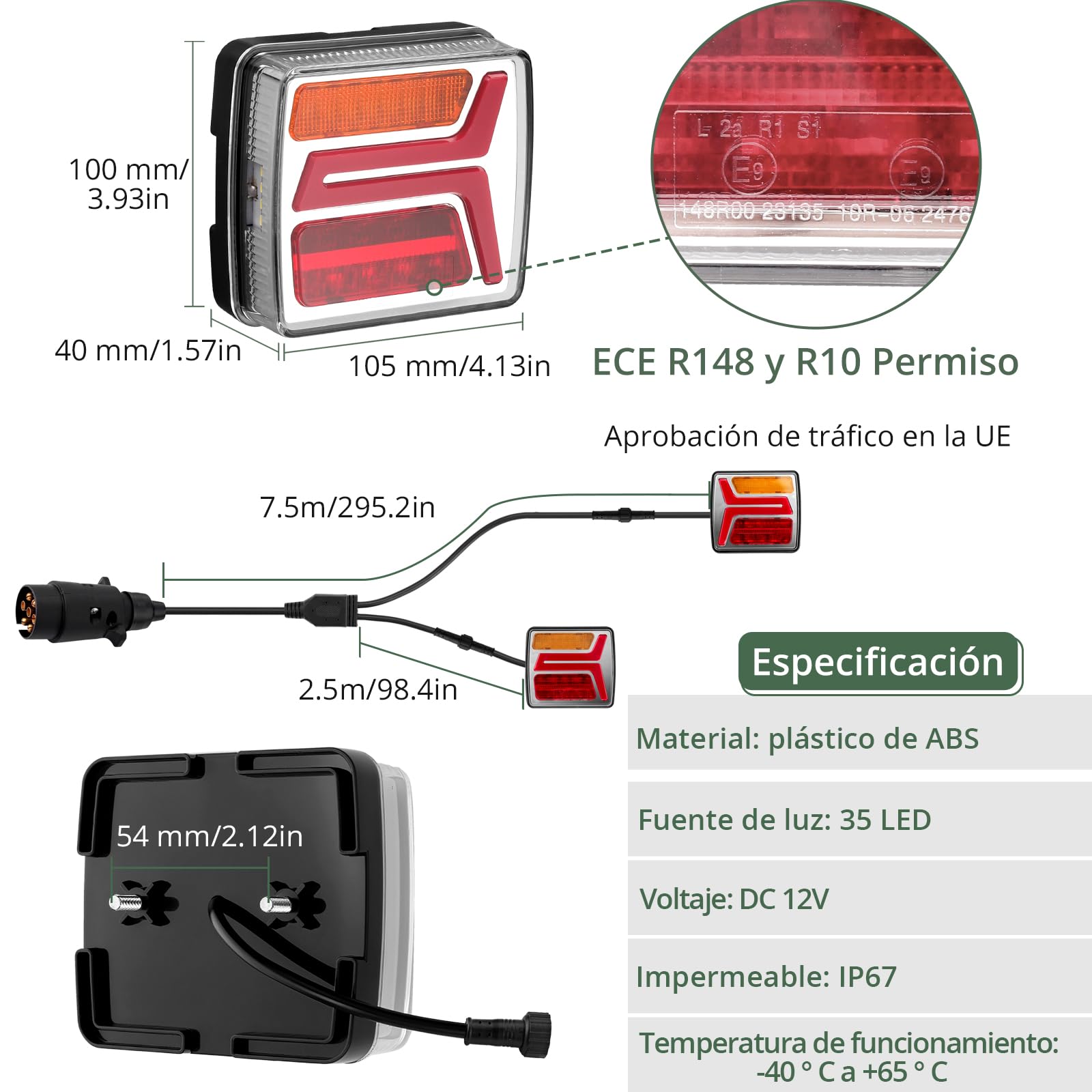 EYPINS 2X Luces Traseras para Remolque 35 LED y 7 Pines, 12V Pilotos Traseros IP67, Instalación fija con Cable 10m, Luz de Freno, Intermitente e Iluminación de Matrícula, Turismos,Camiones,Caravanas