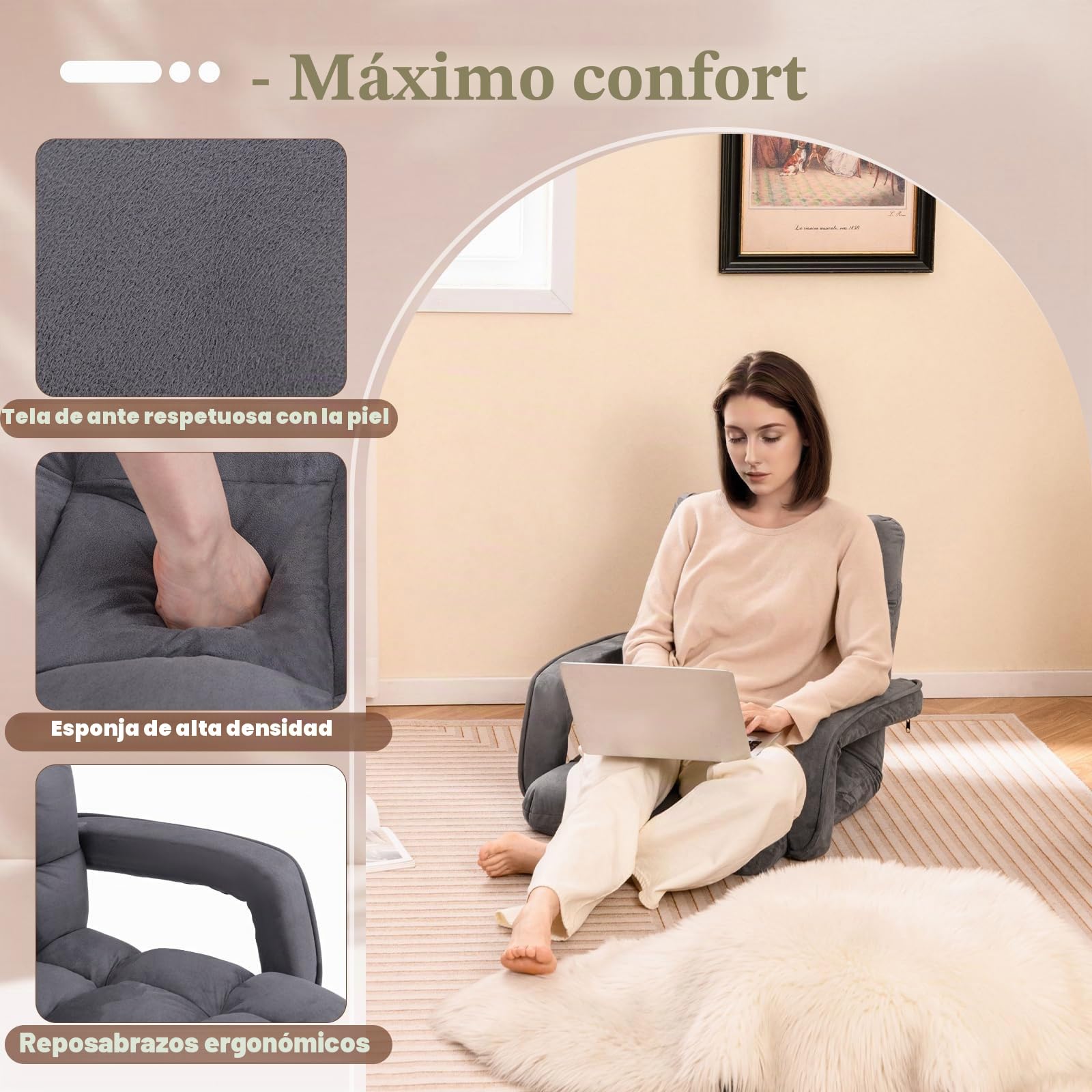 RELAX4LIFE Sillón Plegable de Suelo Ajustable en 6 Posiciones, Sofá Suelo de Tela de Gamuza, Sillón Perezoso con Respaldo, Reposabrazos y Marco Metal para Sala de Estar, Dormitorio, Balcón (Gris)