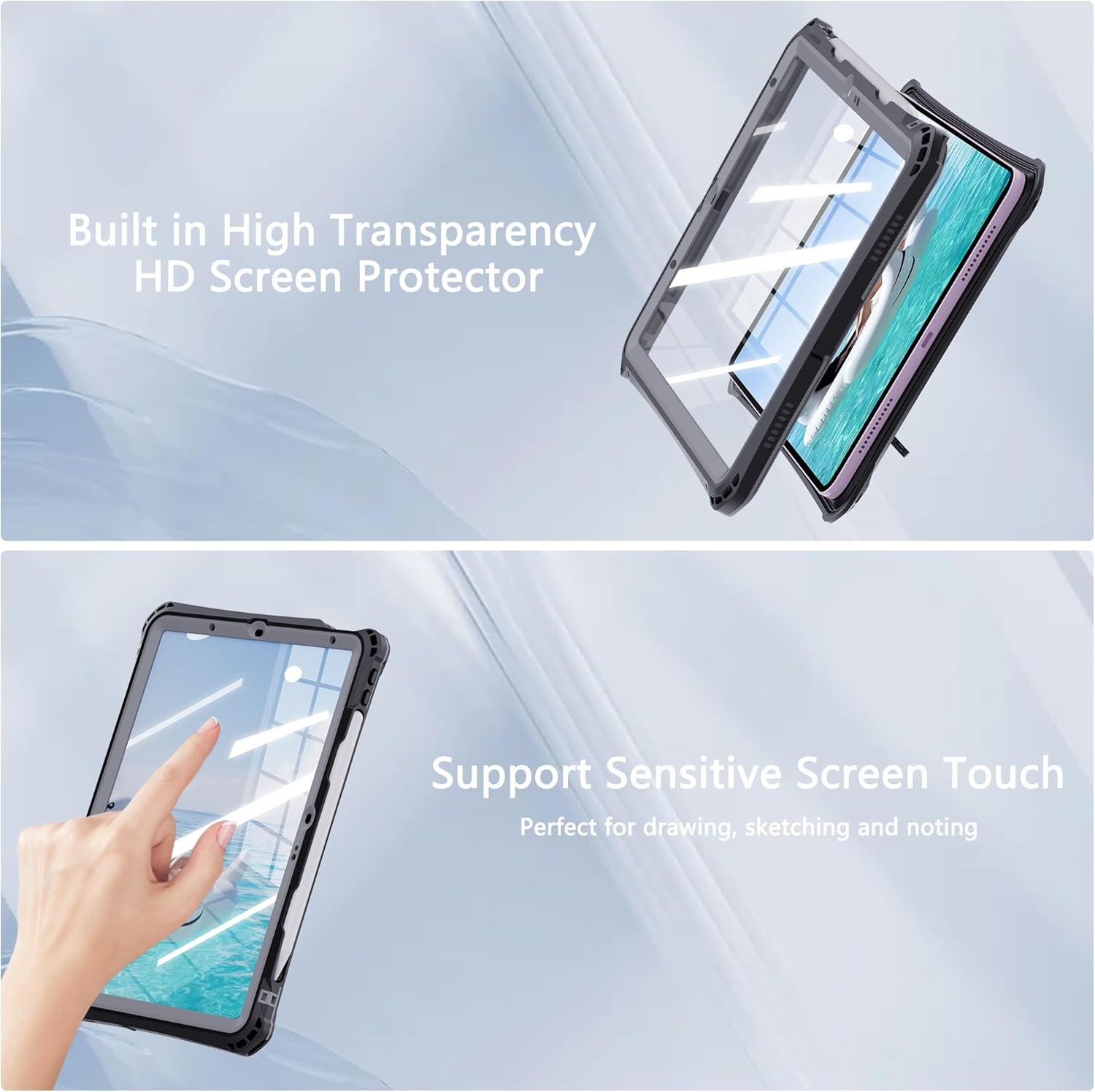 MRUOZRUI Waterproof Tablet Case for iPad Air 11inch 6th M2 2024/ 7th M3 2025, 8th M4 2026 5/4 10.9inch, Built-in Screen Protector Pencil Holder, Fit with Magic Keyboard, Strap Kickstand, Black & Grey