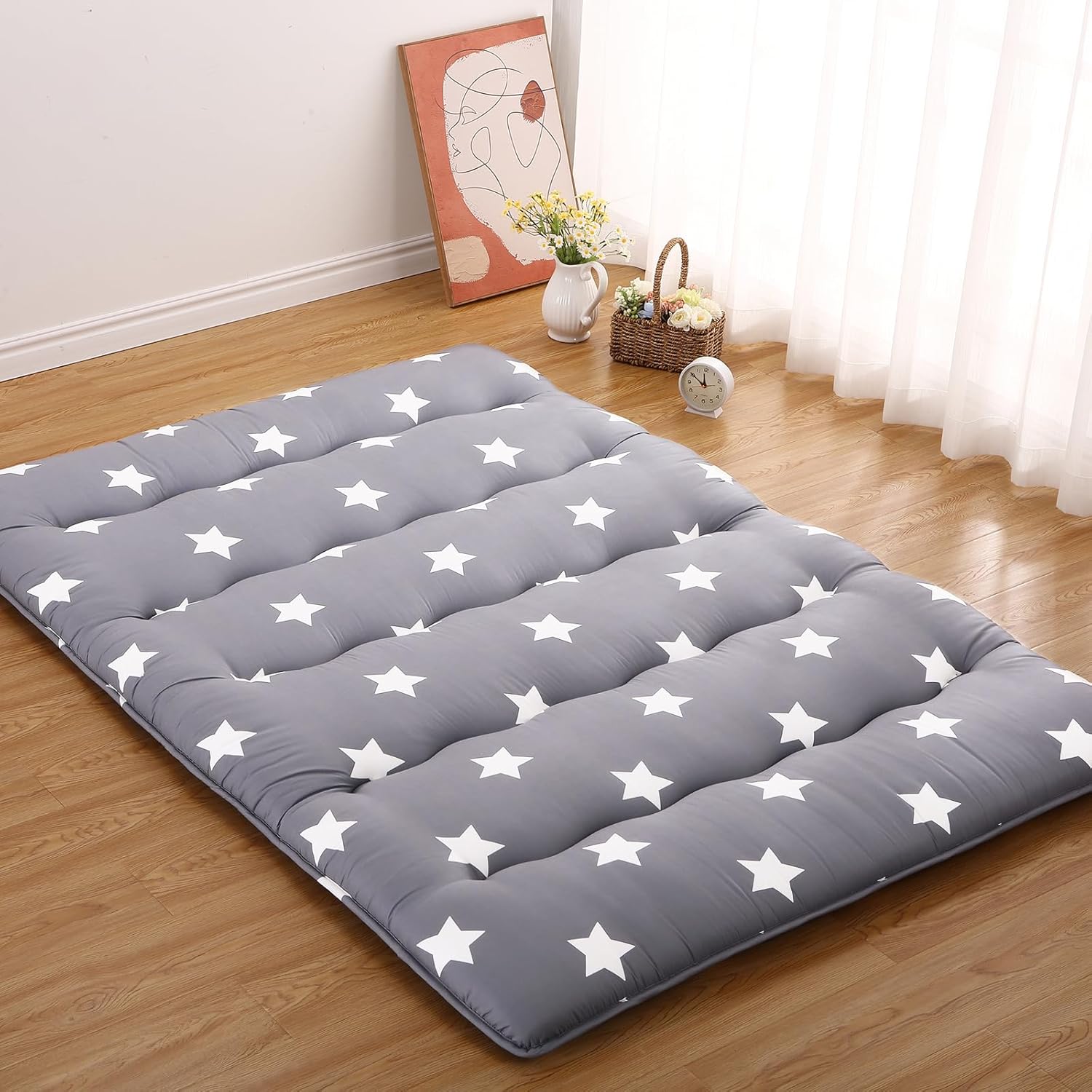 Japanese Futon Floor Mattress, Thick Tatami Mat, Foldable Floor Mattress, Roll Up Dormitory Sleeping Pad, Portable Floor Lounger Bed for Guest Room, Camping, Full Size, Grey