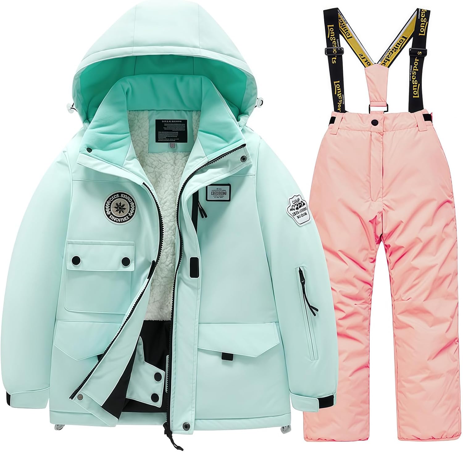 Winter Kids 2 Piece Ski Suit Boys/Girls Thicken Warm Hooded Jacket and Ski Pants Snowsuit Snowboarding Clothes