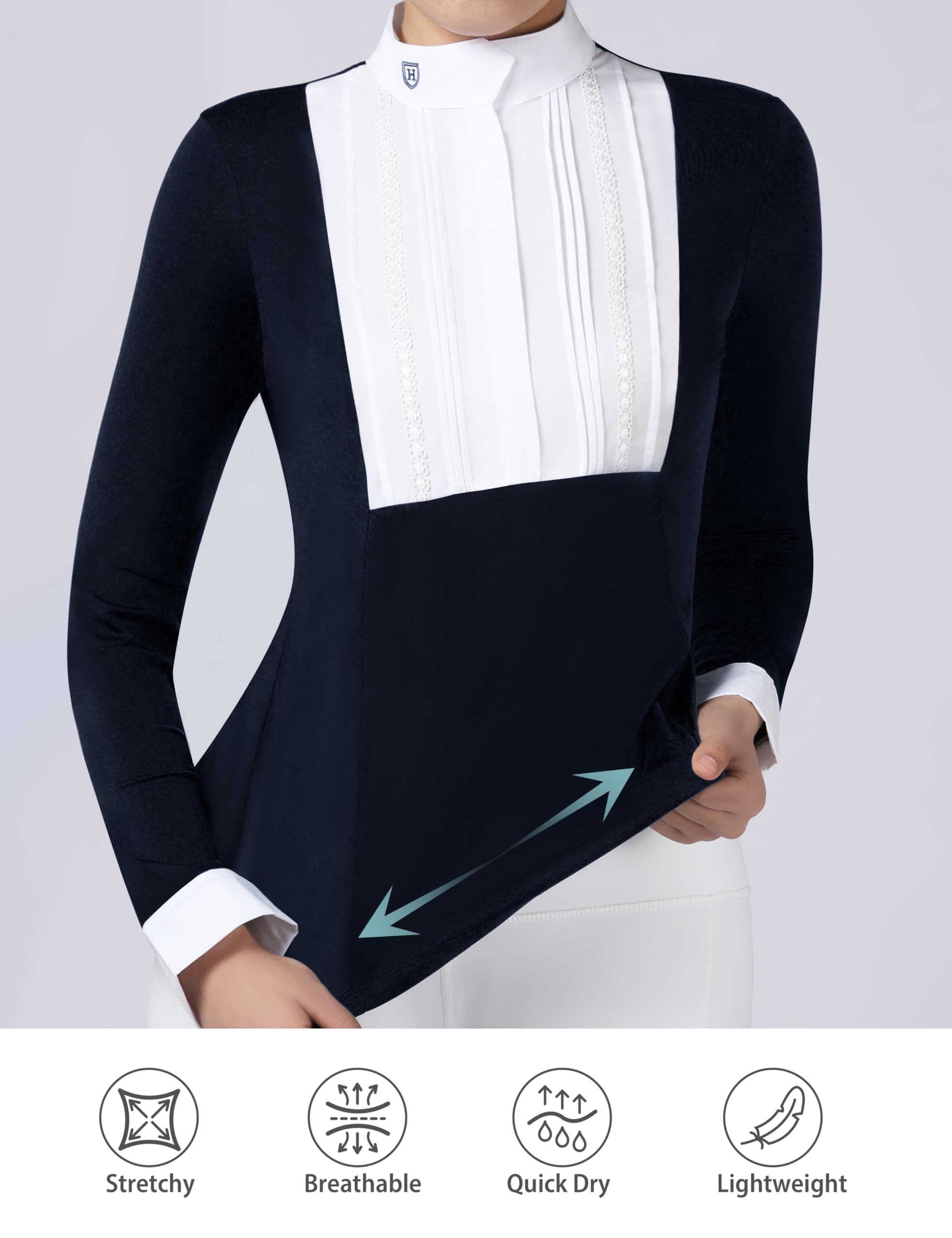 Harrison Howard Camicia a maniche lunghe con bretelle plissettate per equitazione, con bordi in pizzo