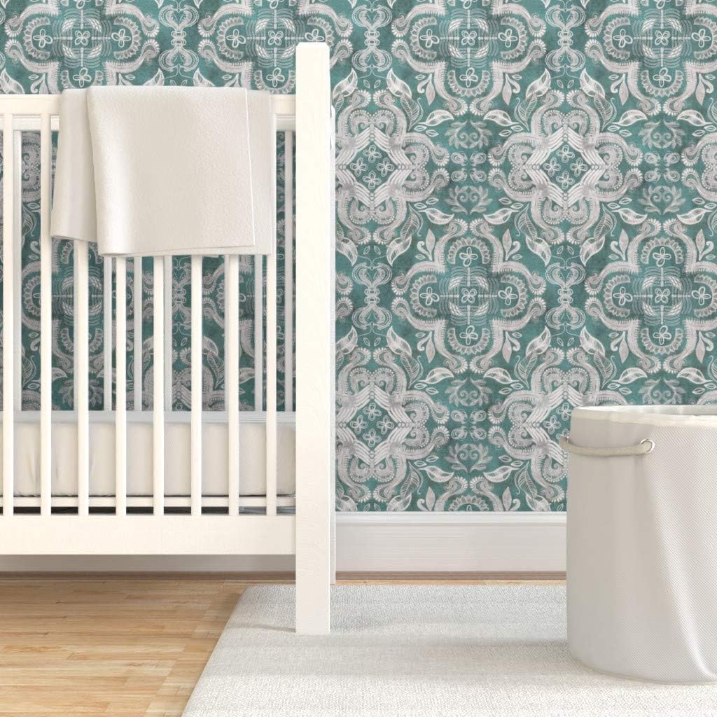 Removable Wallpaper 6ft x 2ft - Teal Gray Boho Print Large Bohemian Nature Dark Quatrefoil Floral Custom Pre-Pasted Wallpaper by Spoonflower