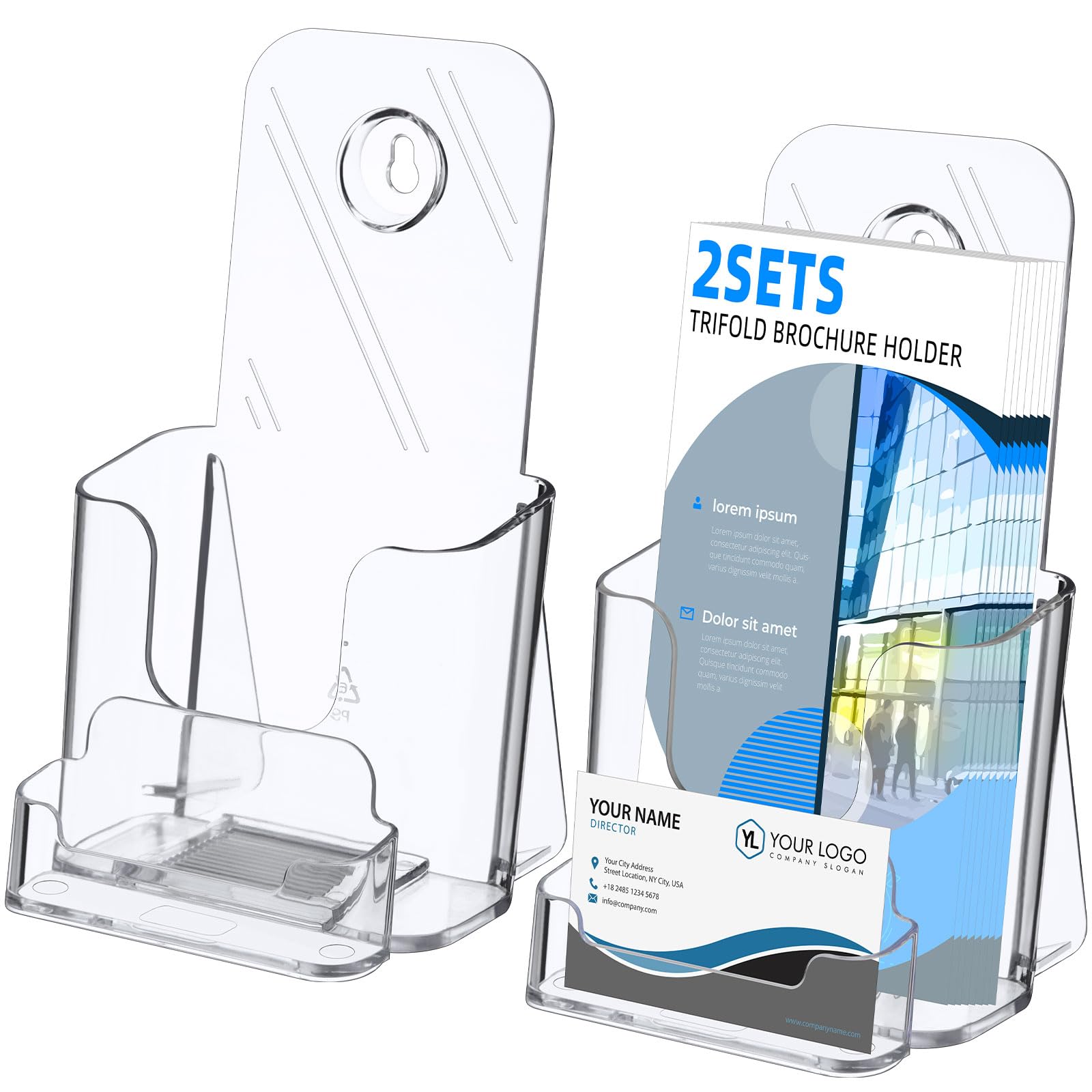 Feifeiya 2 juegos de soportes acrílicos para folletos de 4 pulgadas de ancho con soporte para tarjetas de visita, soporte transparente plegable para folletos, folletos, revistas, folletos para