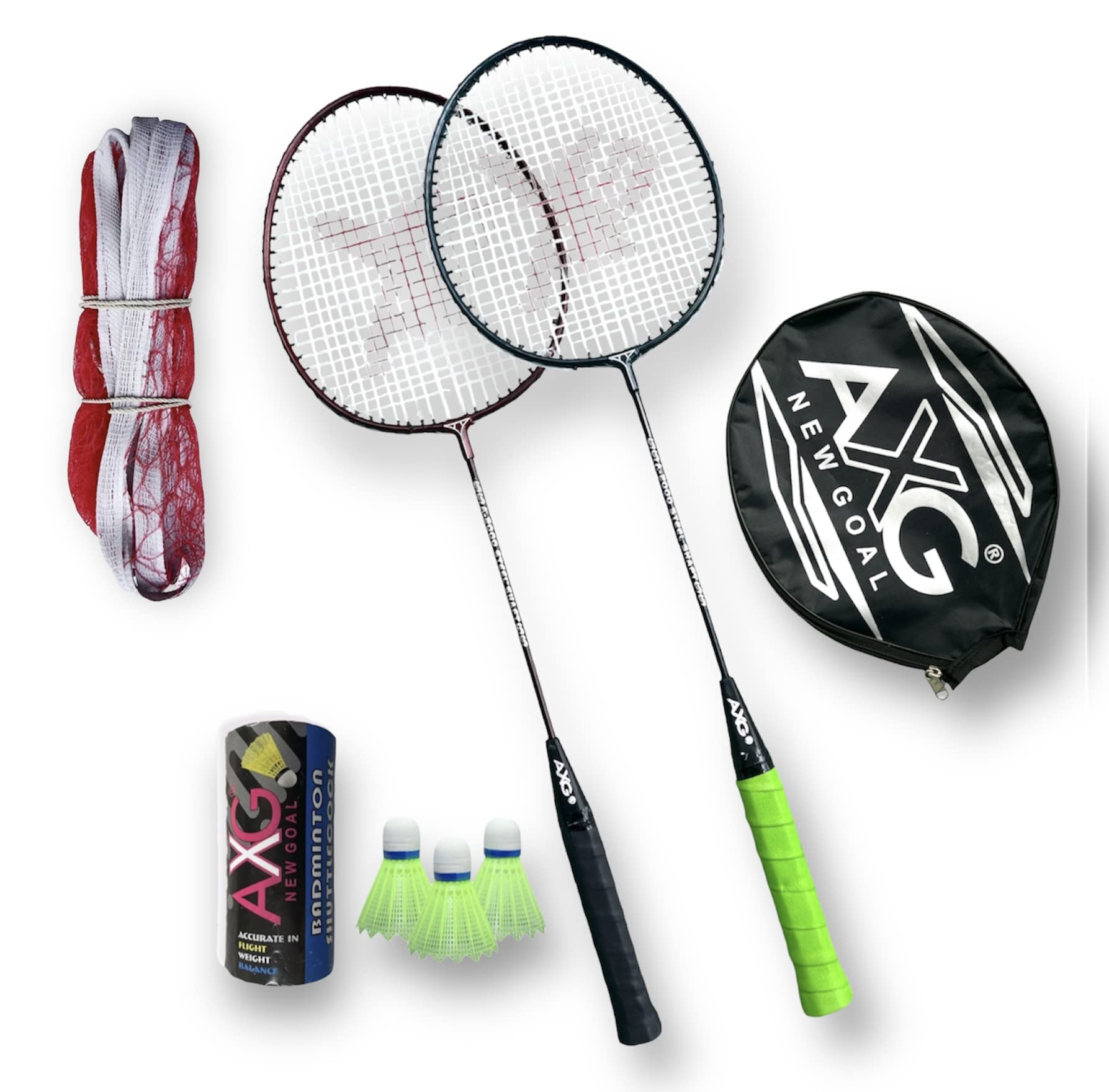 AXG Scratch Resistant A-2000 Badminton Racquets Set of 2 with 3 Plastic Shuttles and Net Badminton Kit (Multicolor)