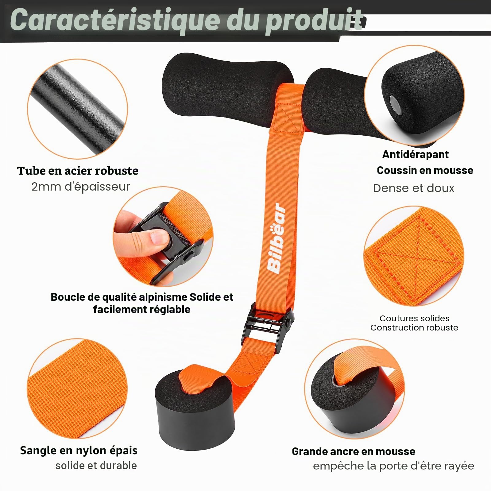 Sangle réglable Nordic Hamstring Curl avec tapis de genoux, sangle nordique portable pour boucles de hamstring, étirement de hamstring, crunch, sit-ups, machine à boucler nordique à la maison,